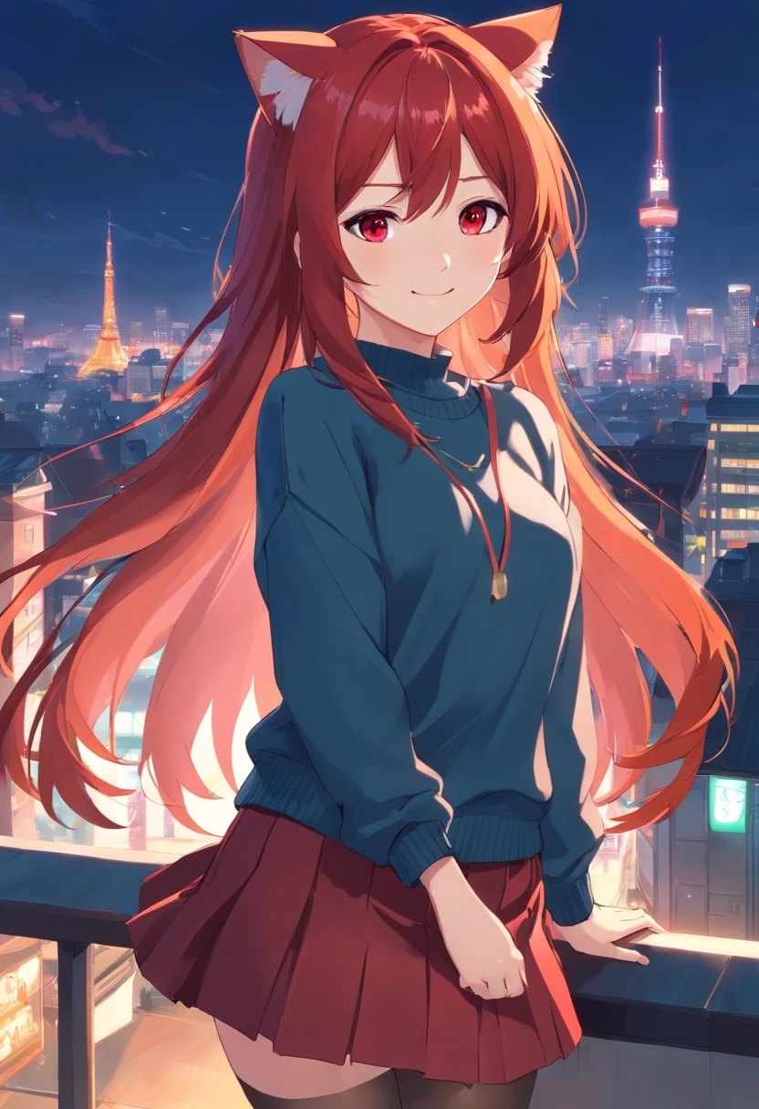 masterpiece, best quality, 1girl, ((looking at viewer)), red hair, red eyes, long hair, ahoge, sweater, sweater skirt, pantyhose, solo, sole, smile, cat ears, cat tail, fang, catgirl, animal ears