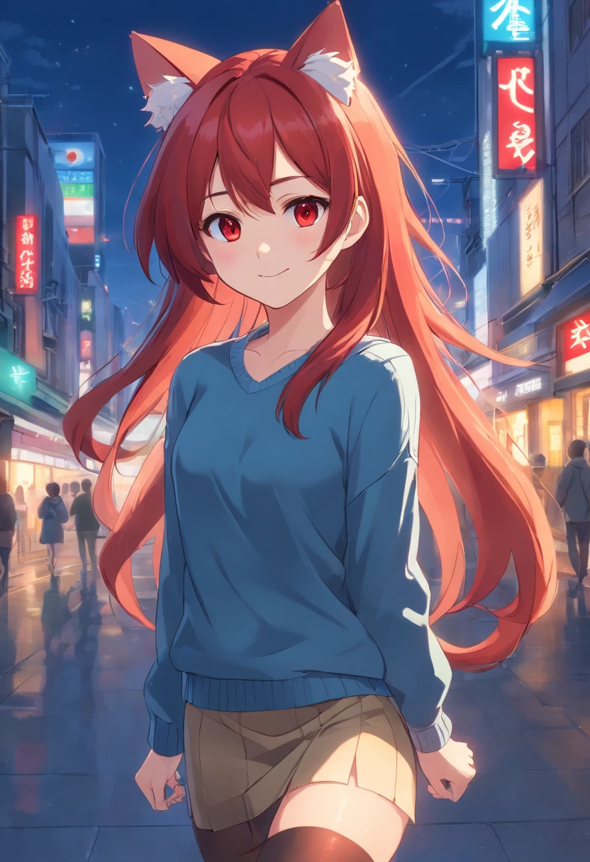 masterpiece, best quality, 1girl, ((looking at viewer)), red hair, red eyes, long hair, ahoge, sweater, sweater skirt, pantyhose, solo, sole, smile, cat ears, cat tail, fang, catgirl, animal ears