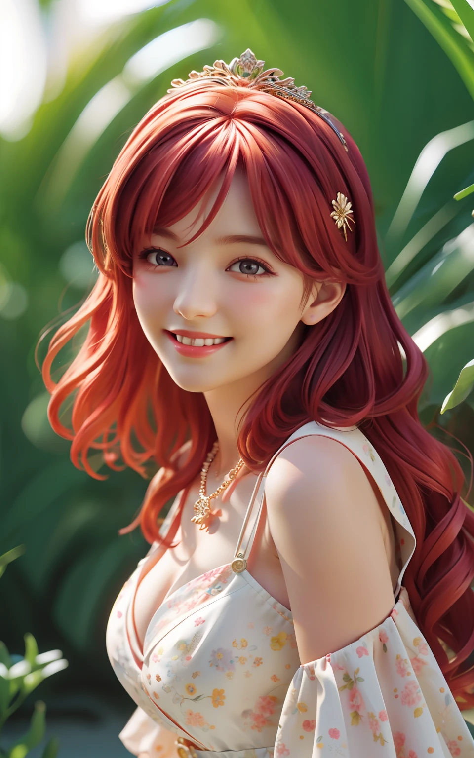 Best quality, Masterpiece, higirl, Smile, Redhead, Hair accessories, necklace, jewelry, Pretty face, cleavage, Dingdall effect, Photorealistic, Shadow Studio, rim lit, bicolor lighting, (High detail skin: 1.2), 8K Ultra HD, Digital SLR, Soft lighting, High quality, voluminetric lighting, candid, Photo, high resolution, 4K, 8K, Bokeh