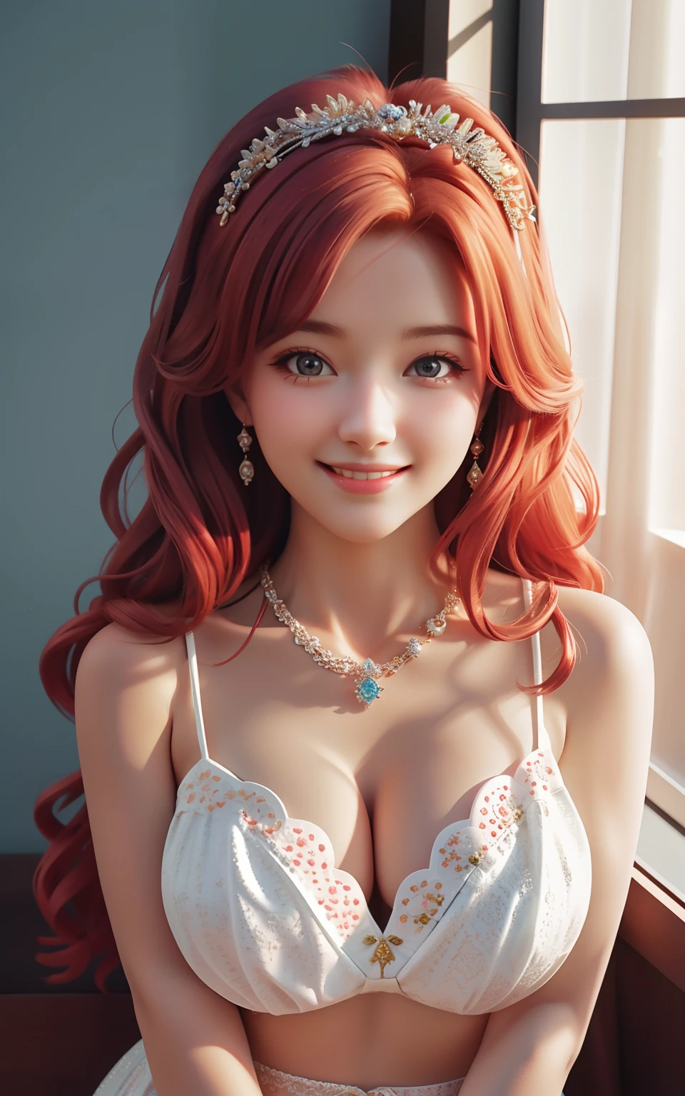 Best quality, Masterpiece, higirl, Smile, Redhead, Hair accessories, necklace, jewelry, Pretty face, cleavage, Dingdall effect, Photorealistic, Shadow Studio, rim lit, bicolor lighting, (High detail skin: 1.2), 8K Ultra HD, Digital SLR, Soft lighting, High quality, voluminetric lighting, candid, Photo, high resolution, 4K, 8K, Bokeh