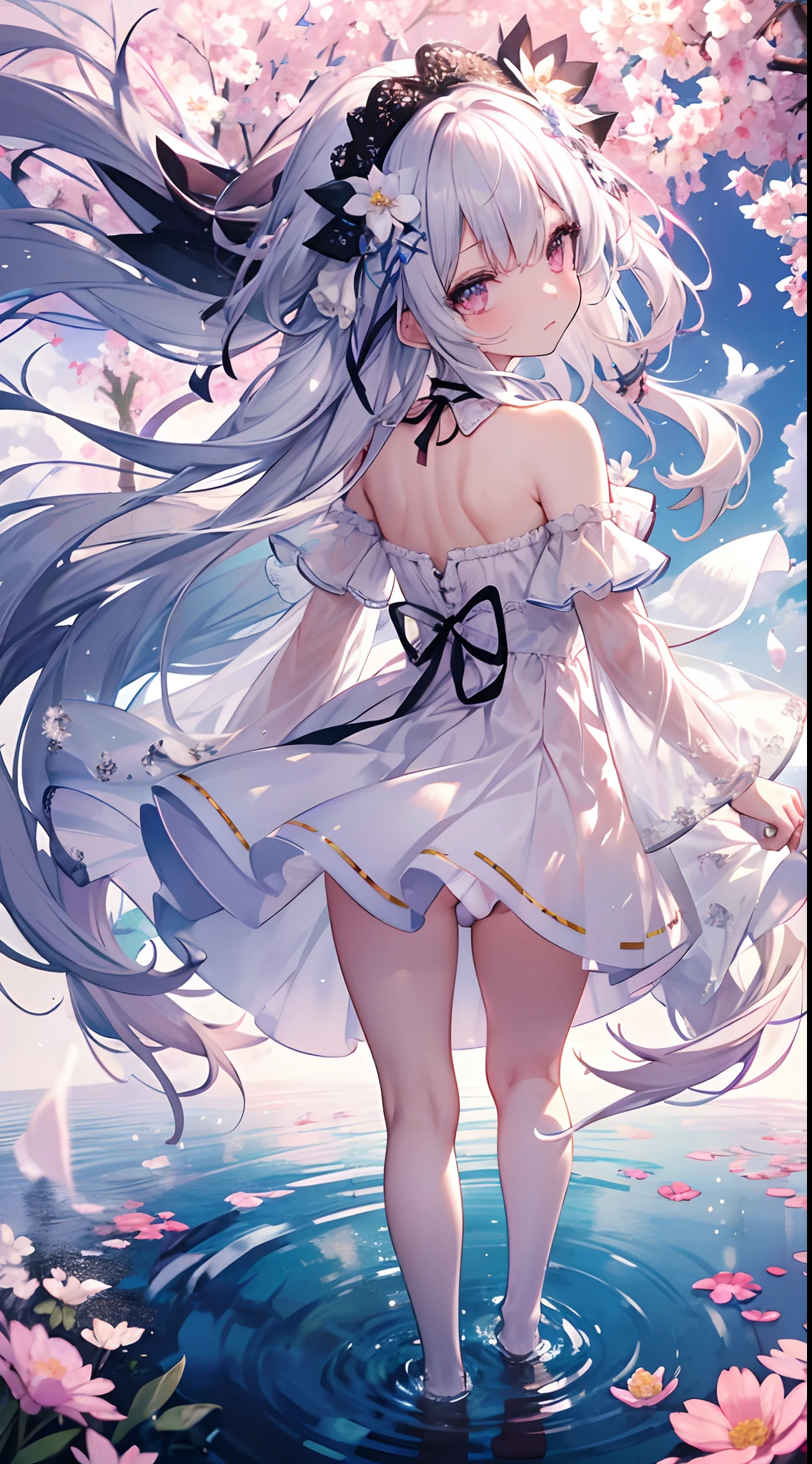 [(White background:1.5),::5] (isometry:1.0), double exposure, Bubble, Medium Shot Shot, full body Esbian, // masutepiece, Best Quality, 1girll, (Colorful),(finely detailed beautiful eyes and detailed face),Cinematic lighting,Bust Up Shot,the Extremely Detailed CG Unity 8K Wallpapers, 1girll, Pink eyes ,(Long hair),Long grey hair (floating in the wind), posterior view, Looking back, hair adornments, flower hair ornaments. head band, bow ribbon, White Dress, visible shoulders, walking on pond, water reflections, pond, medium breasts⁩,  nigh sky, Sky of the Milky Way, Horizon,  Moon，（white panty hose）