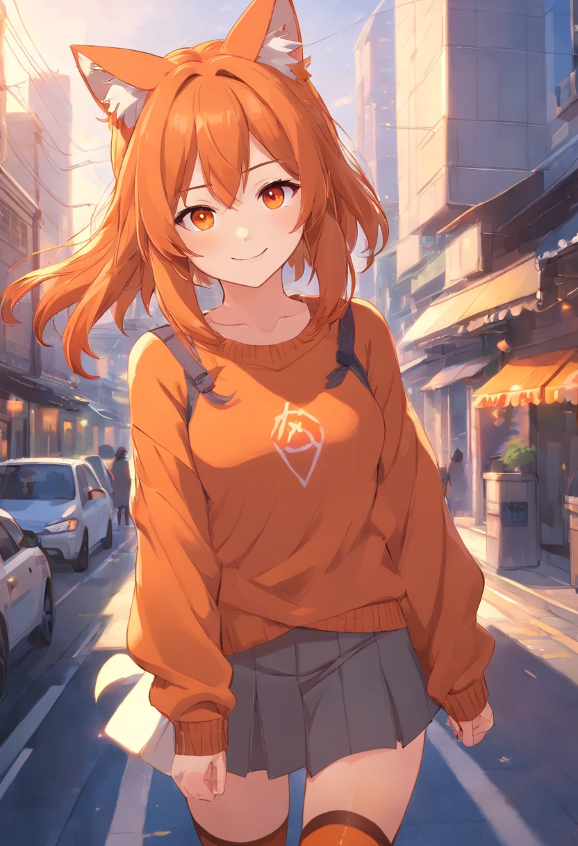 masterpiece, best quality, 1girl, ((looking at viewer)), orange hair, orange eyes, long hair, ahoge, sweater, sweater skirt, pantyhose, solo, sole, smile, cat ears, cat tail, fang, catgirl, animal ears