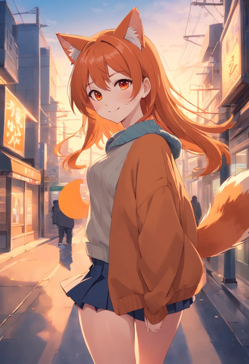 masterpiece, best quality, 1girl, ((looking at viewer)), orange hair, orange eyes, long hair, ahoge, sweater, sweater skirt, pantyhose, solo, sole, smile, cat ears, cat tail, fang, catgirl, animal ears