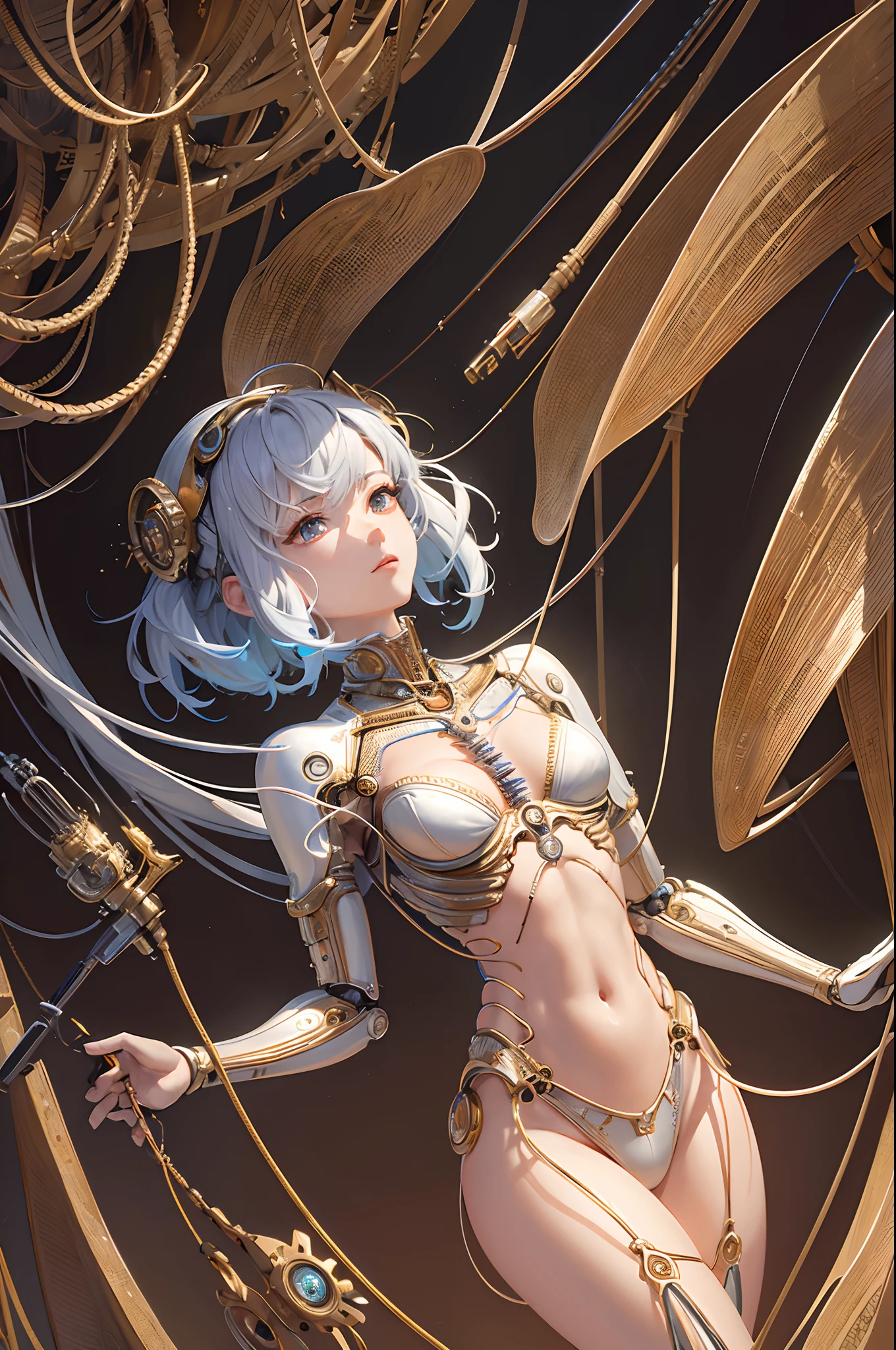 (((masterpiece))), (((best quality))), ((ultra-detailed)), (highly detailed CG illustration), ((an extremely delicate and beautiful)),cinematic light,((1mechanical girl)),solo,(cowboy shot:1.2),(machine made joints:1.2),((machanical limbs)),(blood vessels connected to tubes),(mechanical vertebra attaching to back),((mechanical cervial attaching to neck)),expressionless,(wires and cables attaching to neck:1.2),(wires and cables on head:1.2),(character focus),science fiction,extreme detailed,colorful,highest detailed, loongs,fengs,background,
