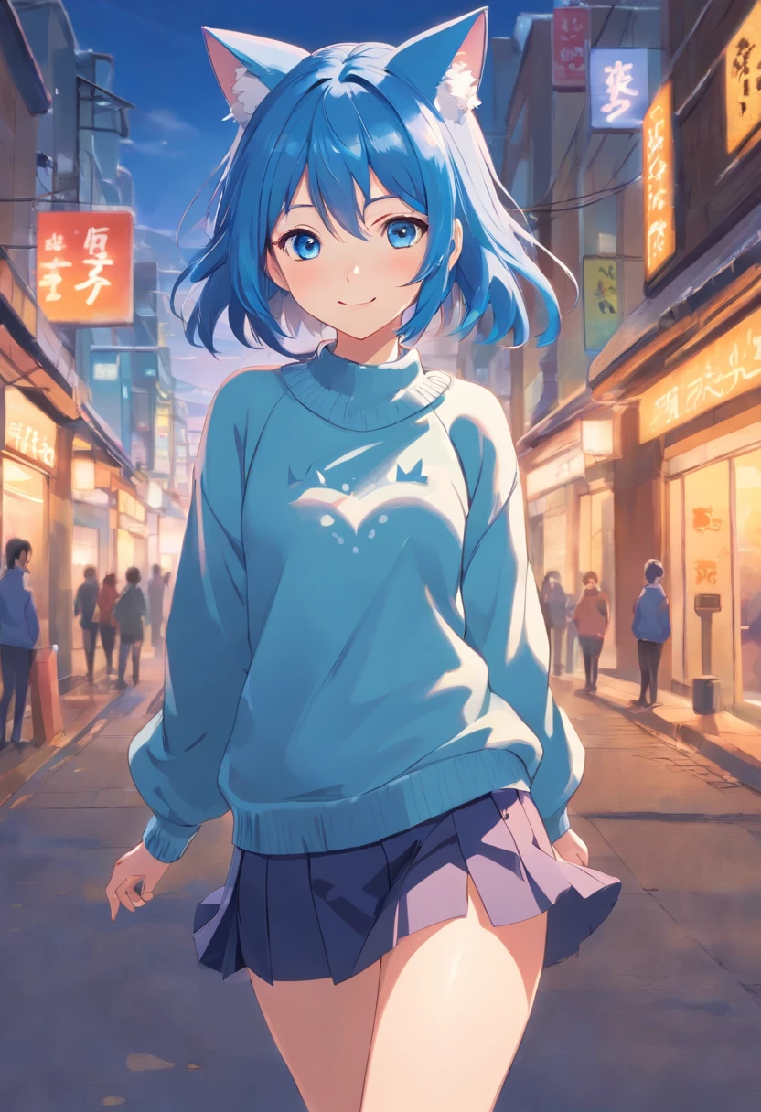 masterpiece, best quality, 1girl, ((looking at viewer)), blue hair, blue eyes, long hair, ahoge, sweater, sweater skirt, pantyhose, solo, sole, smile, cat ears, cat tail, fang, catgirl, animal ears