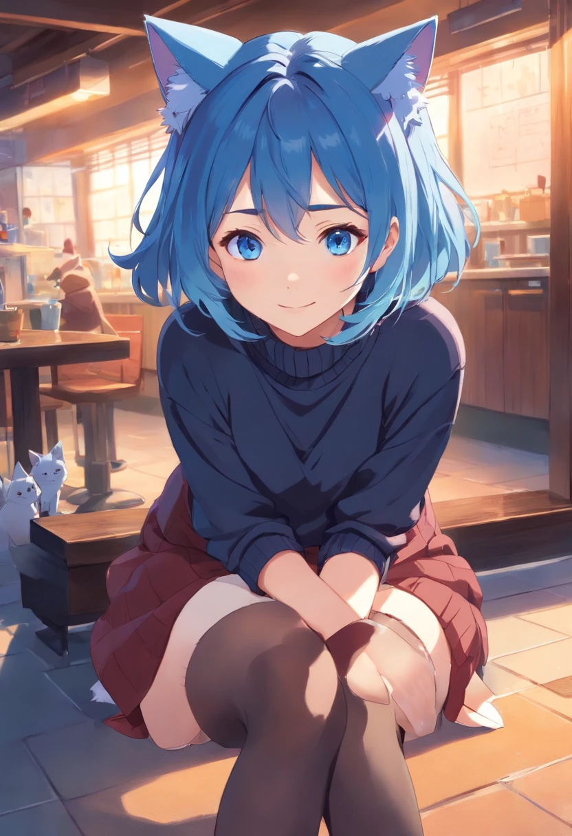 masterpiece, best quality, 1girl, ((looking at viewer)), blue hair, blue eyes, long hair, ahoge, sweater, sweater skirt, pantyhose, solo, sole, smile, cat ears, cat tail, fang, catgirl, animal ears