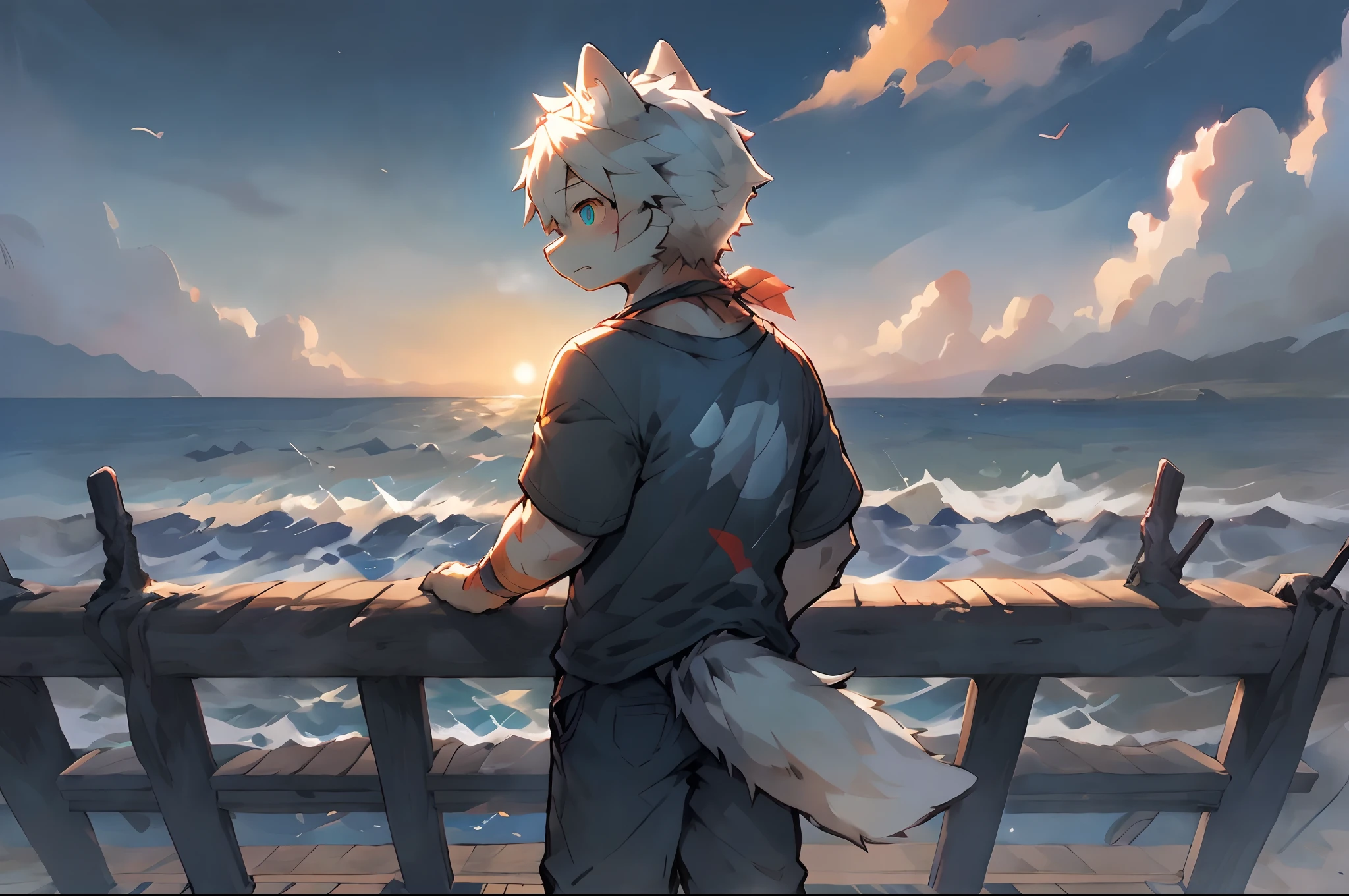 Long shots，Shoot side by side，Dashing wolf hair casual T-shirt and jeans，（Leaning against the railing of the boardwalk），Overlooking the sea。The salty breeze carries the sound of waves and seagulls，He watched as the setting sun tilted below the horizon。Side photo。Boy。He took a deep breath。。，Reflect on the adventures of the day，Be grateful for the beauty of the natural world around you。ambient lights、Natural soft light、Tyndall effect、SLR camera、Advanced film lighting、Unreal Engine5、Extremely realistic、A high resolution、adolable，by Pino Daeni, canyne khai, milkytiger1145, Dagasi, Yupa，