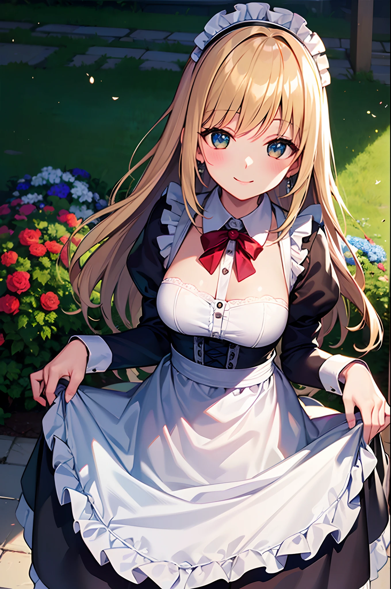 Masterpiece ,best quality , high resolution , (1 girl solo:1.38) , (mavis, long hair, blonde hair, (green eyes:1.5), ahoge, wavy hair, animal ears,) , (cleavage:1.2) , (medium breast:1.28) , (wear  stockings , panties , strong wind , big wing , skirt lift ) , (cleavage:1.15) , (big breast:1.1) , (face view , look at view , front view , smile , open mouth) , (white dress , miniskirt , knot bow skirt  , head tilt ) ,  (cowboy_shot) , (outdoor  , garden , church , flower ，Strong winds，gale)