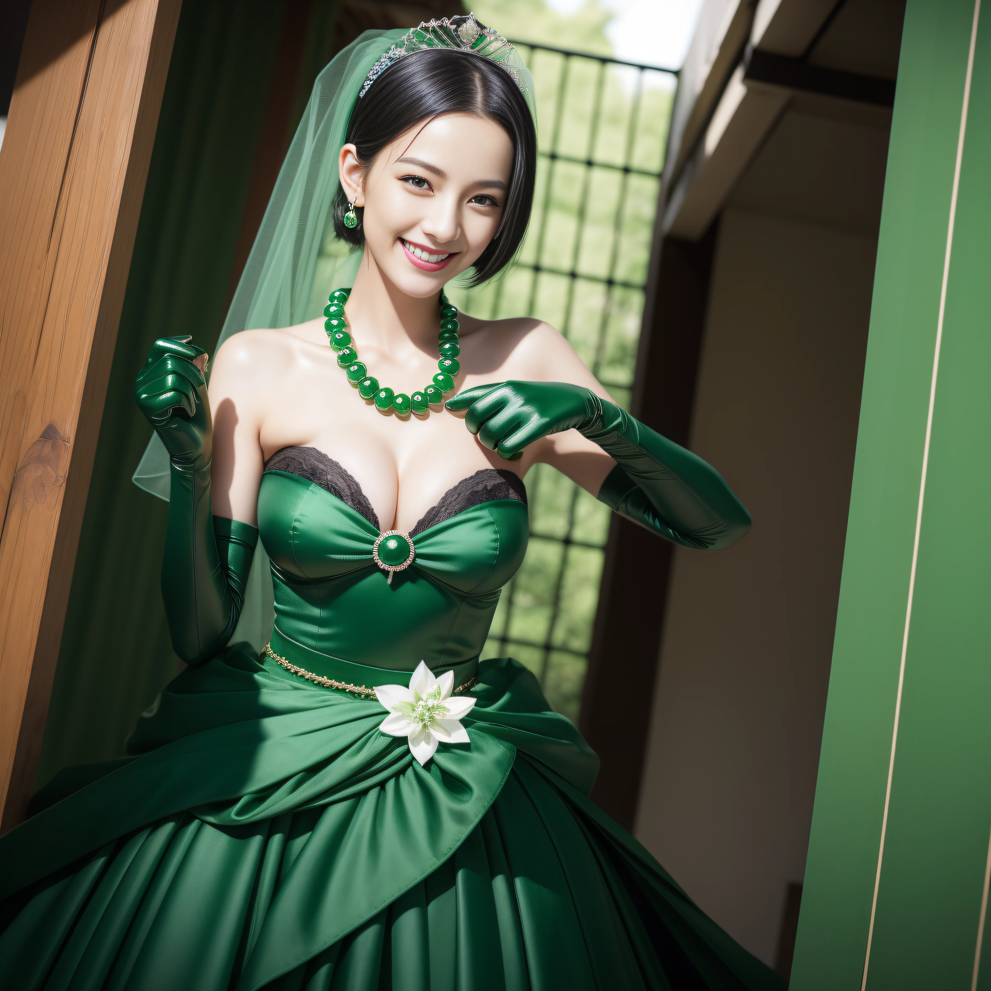 Boyish very short black hair, lipsticks, Japan woman smiling, Green Long Grove,　Emerald Tia boyish very short black hair, lipsticks, Japan woman smiling, Satin green long gloves, Green Pearl Necklace, verd s eyes, Green eyes, Long green gloves made of satin material, big breasts beautiful, Green Bridal Veil, Green eyes, Emerald Earrings,emerald tiara