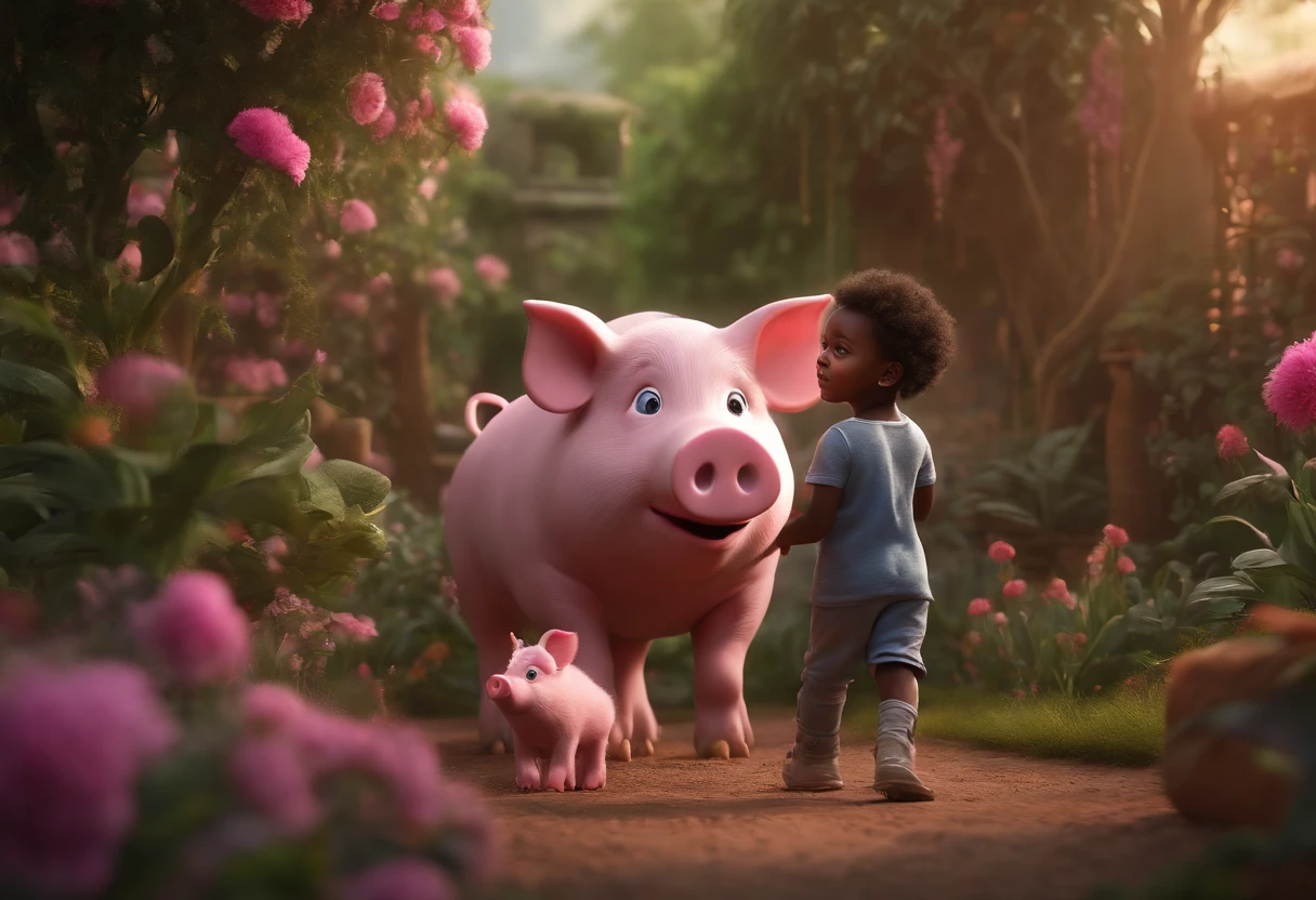 BLACK MALE AFRICAN 5 YEAR OLD SON IN A GARDEN WITH FLUFFY PINK PIG, NATURE, 8K, detailed matte painting, deep color, fantastical, intricate detail, splash screen, complementary colors, fantasy concept art, 8k resolution trending on Artstation Unreal Engine 5"