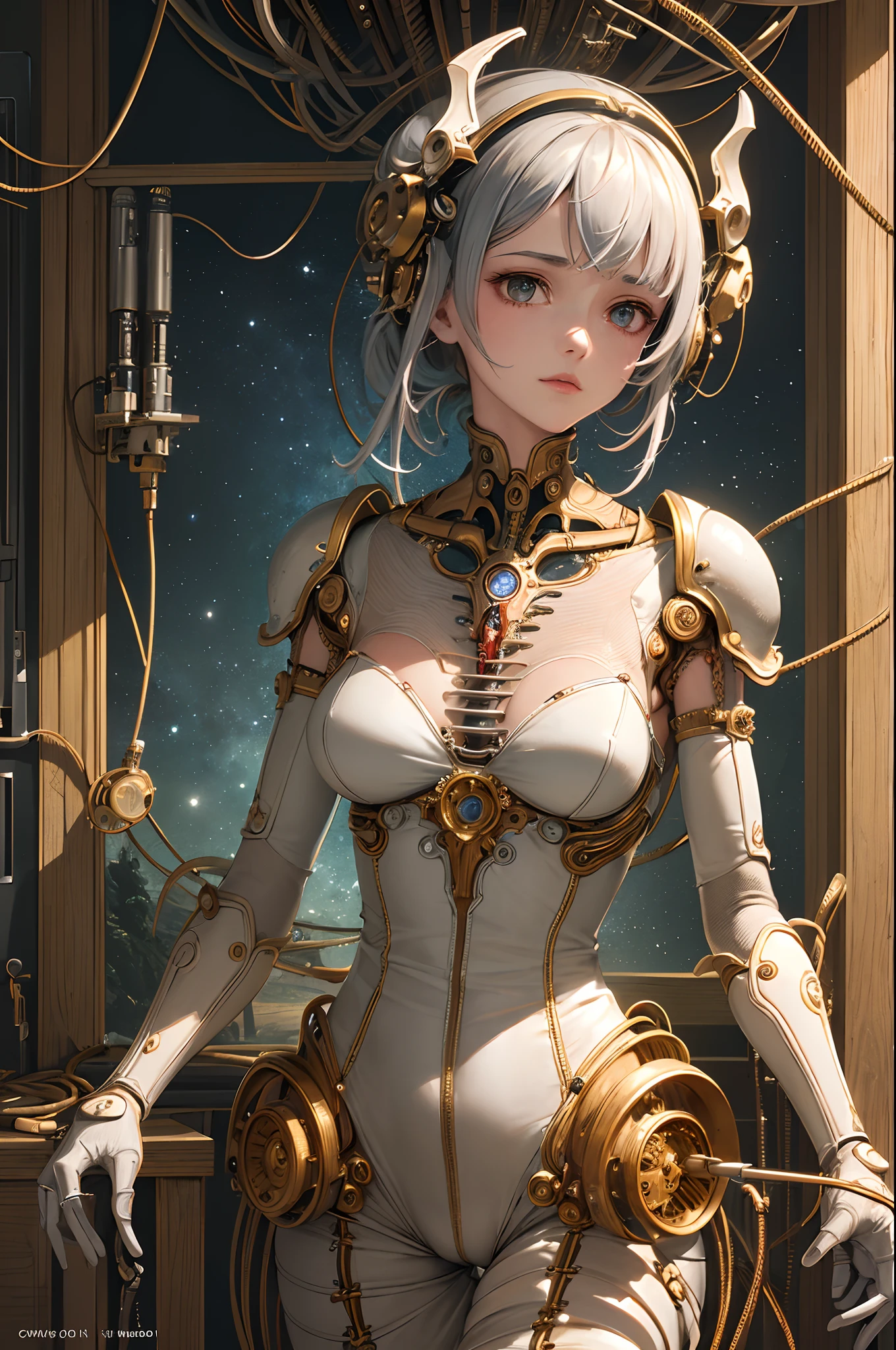 (((masterpiece))), (((best quality))), ((ultra-detailed)), (highly detailed CG illustration), ((an extremely delicate and beautiful)),(cute delicate face),cinematic light,((1mechanical girl)),solo,full body,(machine made joints:1.4),((machanical limbs)),(cybernetic japanese woman samurai), ,expressionless,(wires and cables attaching to head and body:1.5),(character focus),science fiction
