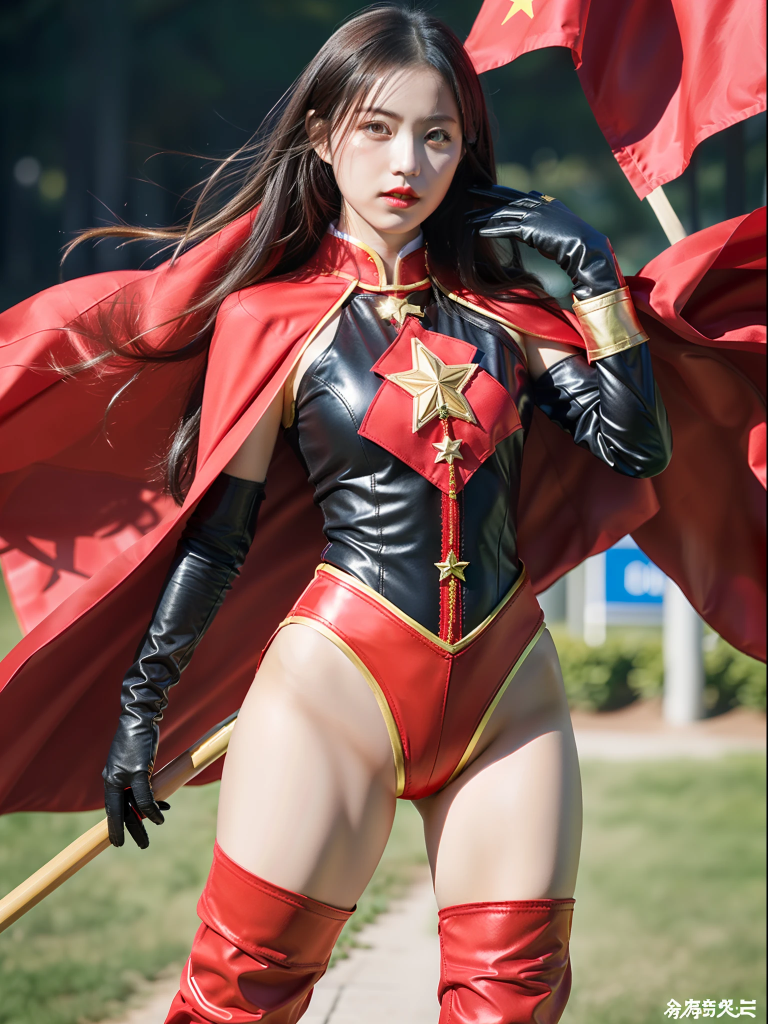 Ultra-clear and realistic
girl,Transform into a Chinese five-star red flag uniform,Red cape+Red gloves red flag pattern boots,,Superhero Five Star Flag Girl Power Full Body Stand Shooting
