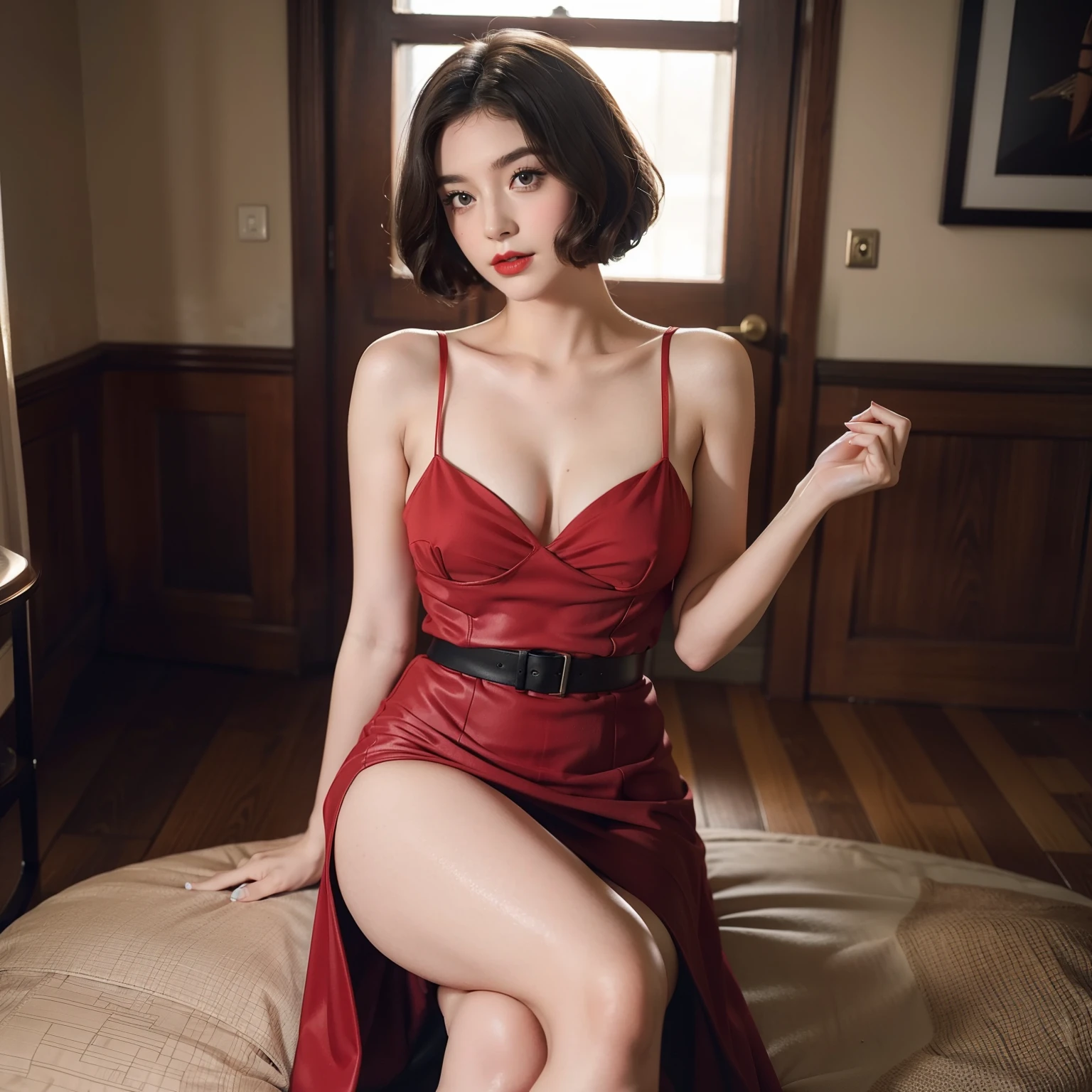 Mallory Malone's costume description is very detailed, Unique and interesting style. toppless,barechested,、A fitted black knee-length skirt with red accents creates a striking visual contrast. The addition of a black heel with ankle strap is、Adds a classy touch to the look. Apart from clothes, Vintage 1950s Bob Hairstyles、Adds a retro and timeless element to Mallory Malone's style. This type of hairstyle is、Known for its neat and short appearance, Typically、Jaw length with both ends turned inward. This hairstyle selection is、Add a vintage touch to the look、Complements Mallory's overall style. Makeup also plays an important role in the appearance of Mallory Malone. Although there are no specific details about makeup mentioned in the description, It is possible to imagine that she may be rocking a 1950s-inspired look.Happy,I see underwear,taking off shirt,Chest exposed,toppless,