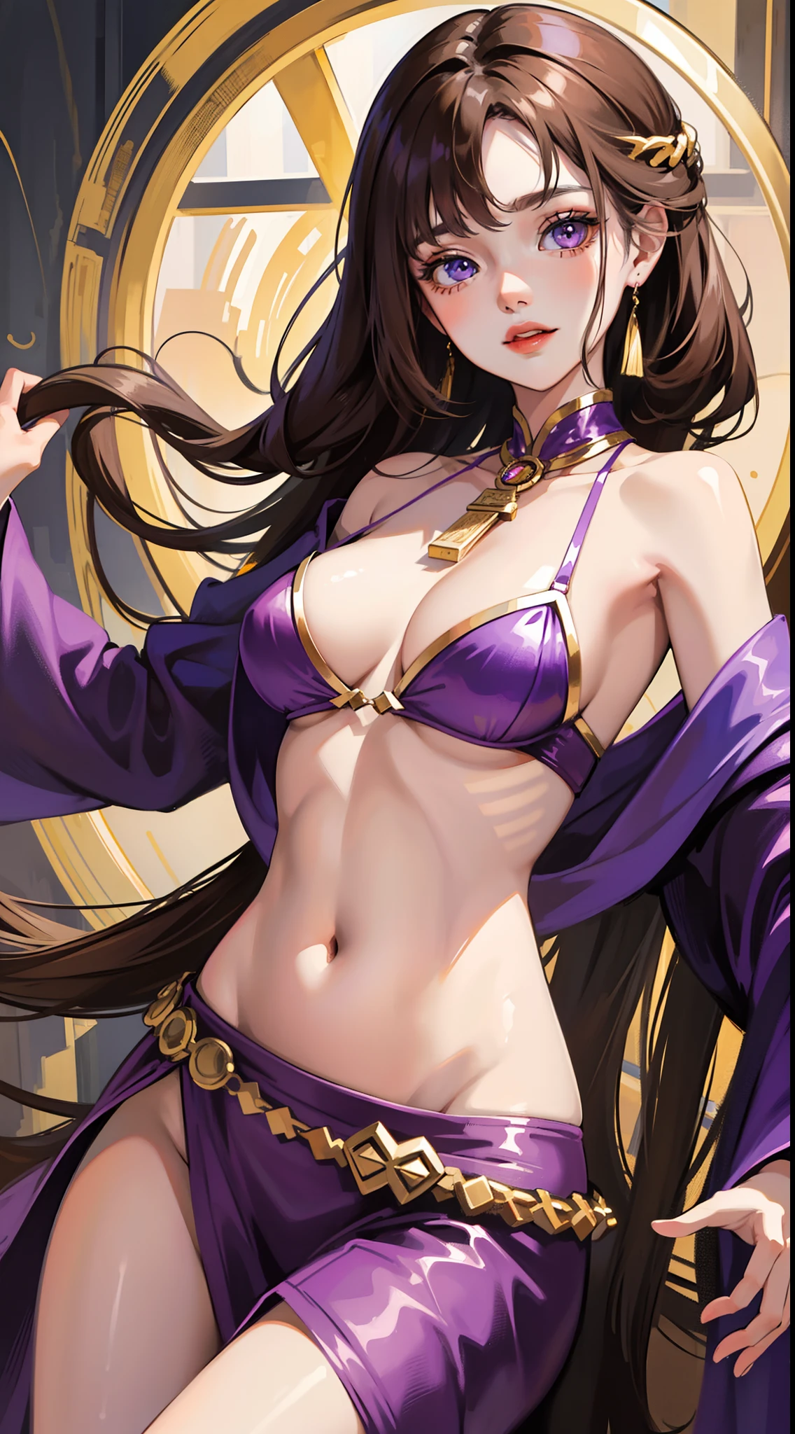 young girl, Long brown hair, Heterochromia, golden and purple eyes, Purple robe, Sleeveless, Deep neckline on the chest, open breasts, open belly, ssmile, Masterpiece, hiquality, high detail, HD, 4k