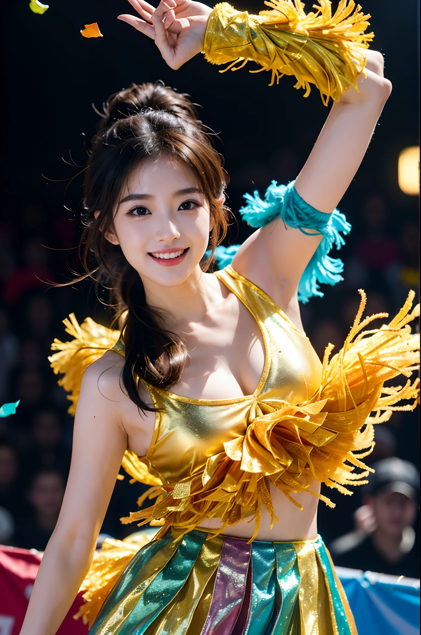 Beautiful Korean idol cheerleader
posters,Painting,high resolution,Ultra-detailed,Realistic:1.37,Vivid colors,hdr,Studio lighting,Sharp focus,
Dance energetically,Smiling happily,Perfect makeup,Stunning costumes,
crowd cheering,exciting atmosphere,dynamicposes,Expressive movements,
Beautiful hair,Sparkling eyes,rosycheeks,full pouty lips,
Colorful pompoms,Flying confetti,Glowing spotlights,
Engaging performance,Spirited cheers,Unforgettable memories