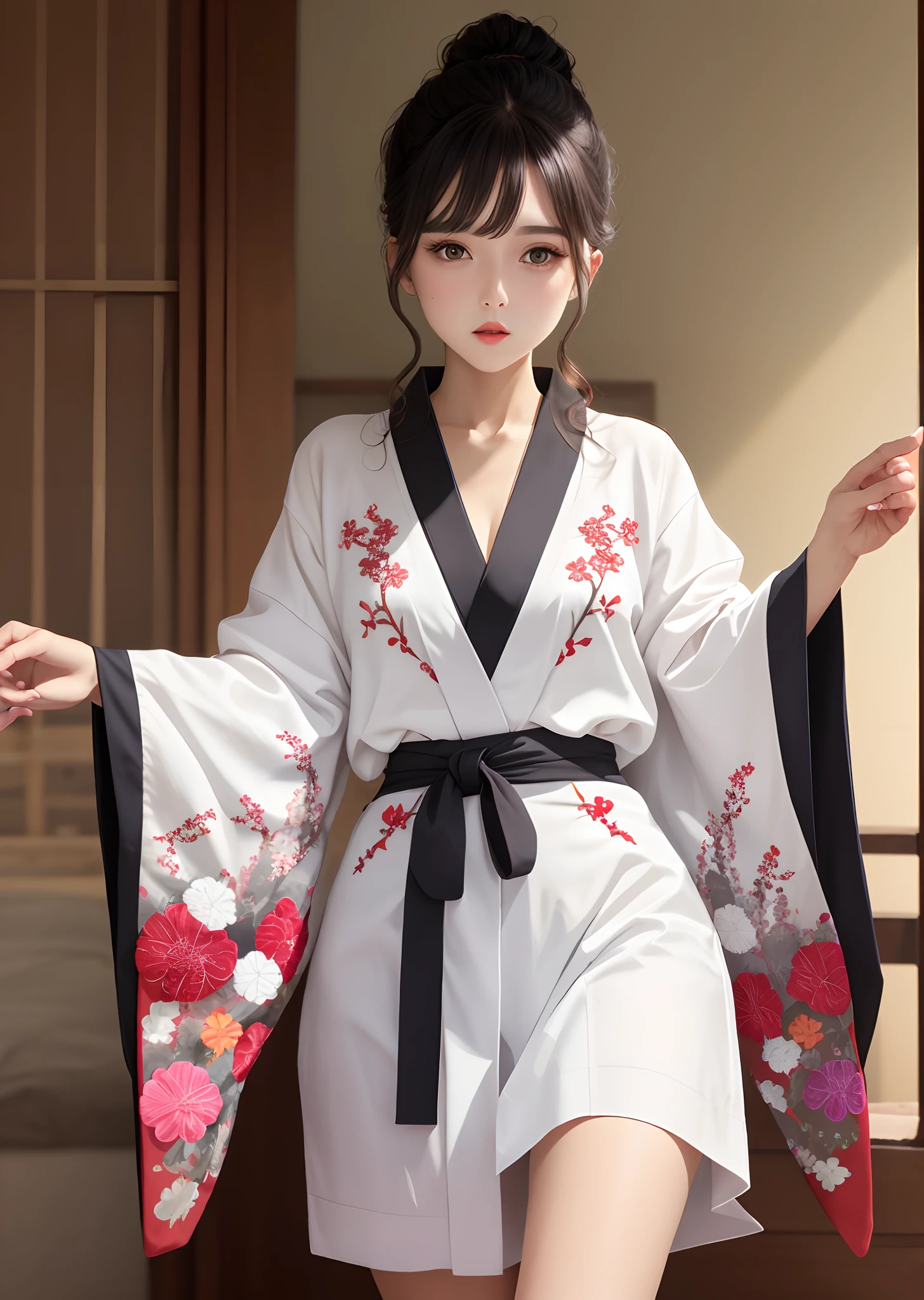 (NSFW), 1womanl, Solo, 24 year old, 7headed body, (cute face), (Ideal ratio body proportions), traditional Japanese room, (((bathrobe))), ((side-tie panty)), ((panties focus)), ((emphasis on the buttocks)), Wet, Clothes are see-through, Smiling smile, long , de pele branca, small tits, A slender, Dark hair, short-hair, beauty legs, Small buttocks, Skinny Legs, surrealism, Cinematic lighting, depth of fields, One-person viewpoint, F/1.8, 135 mm, nffsw, masutepiece, ccurate, Anatomically correct, Textured skin, Super Detail, high details, High quality, awardwinning, Best Quality, hight resolution, 8K