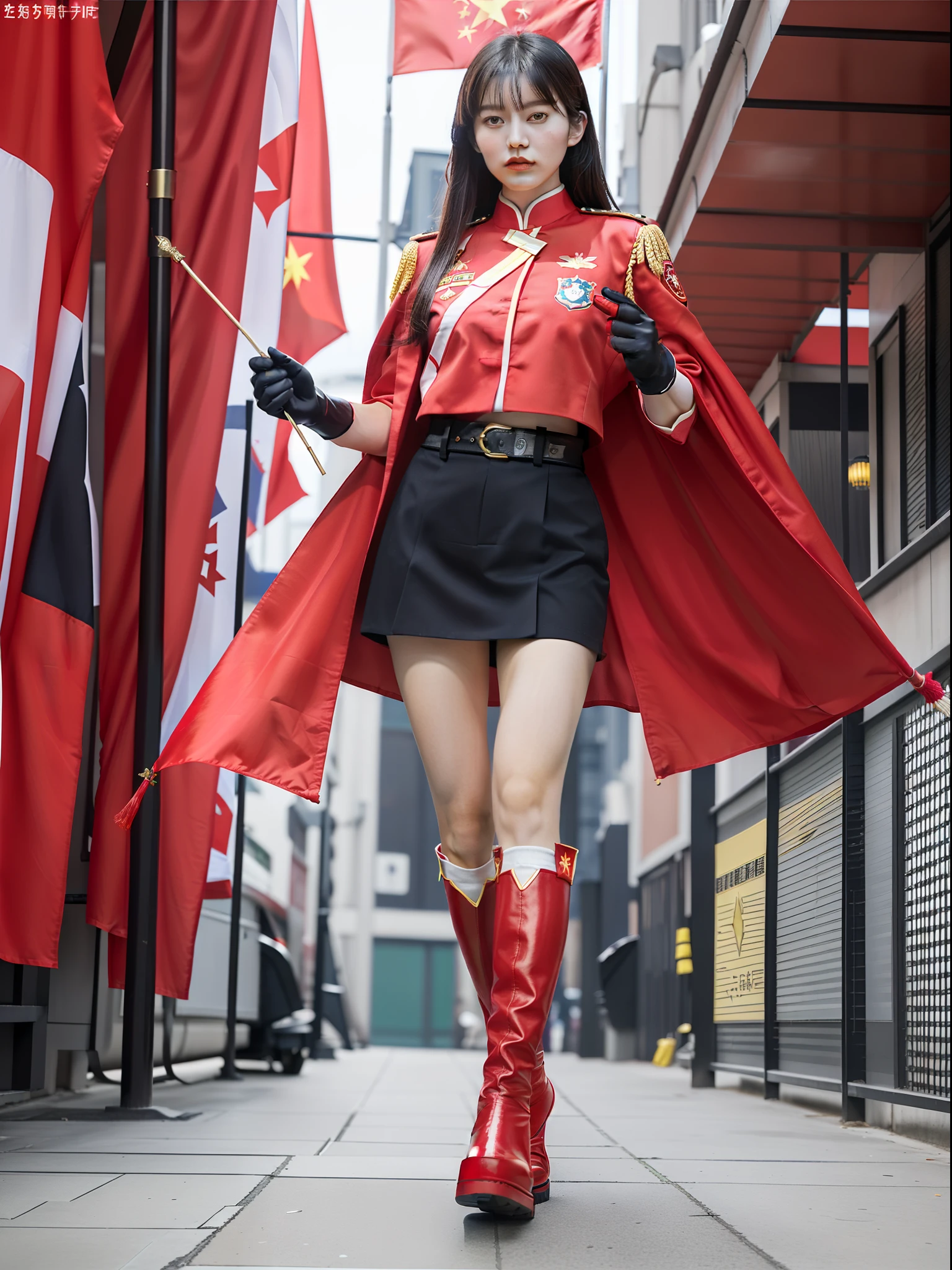 Wearing a uniform with the Chinese five-star flag，The five-star flag logo is printed on the chest，Drape over a cloak+National flag，Wear red gloves on both hands+Put a pair of red boots on your feet，The whole body exudes the superpowers of a five-star red flag girl Standing and displaying a full-body photo