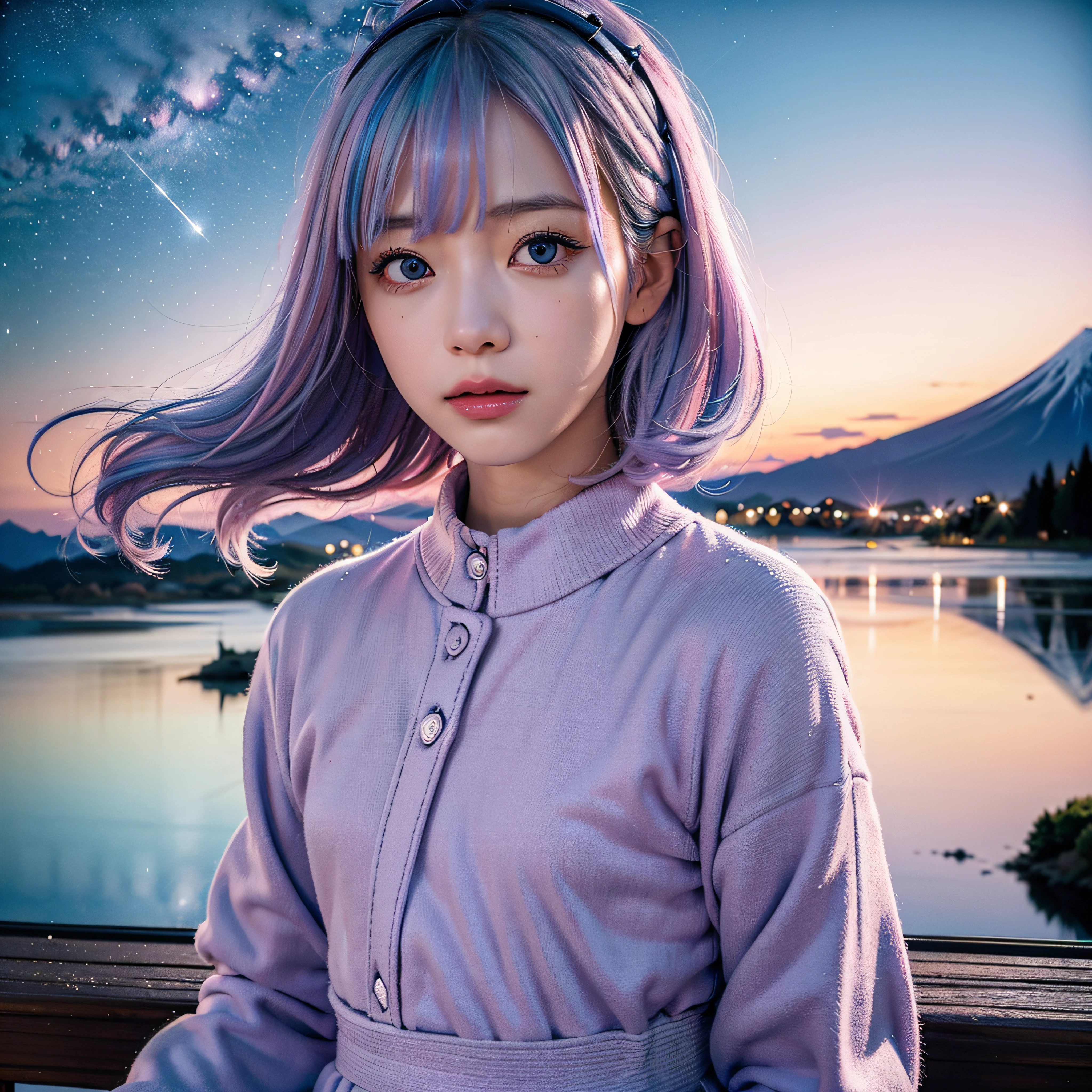 ((masutepiece,Best Quality)),(negative space:1.4),(1girl in, Solo:1.4),Beautiful detailed eyes,Floating pastel pink and lavender hair, Lavender eyes, At night, Starry sky, Shining stars,Majestic Mt. Fuji in winter