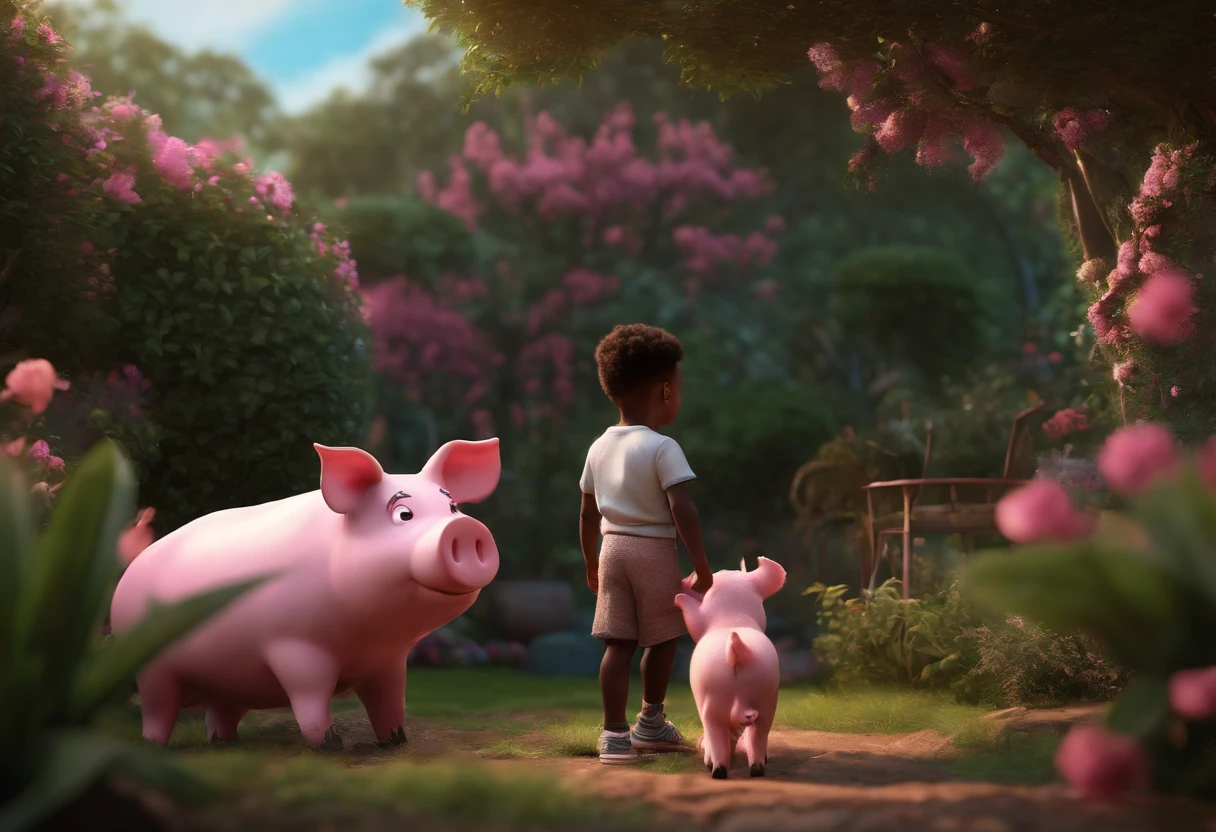 BLACK MALE AFRICAN 5 YEAR OLD SON IN A GARDEN WITH FLUFFY PINK PIG, NATURE, 8K, detailed matte painting, deep color, fantastical, intricate detail, splash screen, complementary colors, fantasy concept art, 8k resolution trending on Artstation Unreal Engine 5"