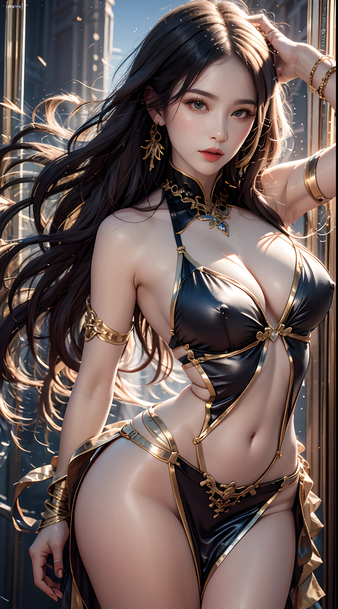 photorealistic, high resolution, soft light, 1women, solo, hips up, dynamic pose, shining skin, jewelry, dress