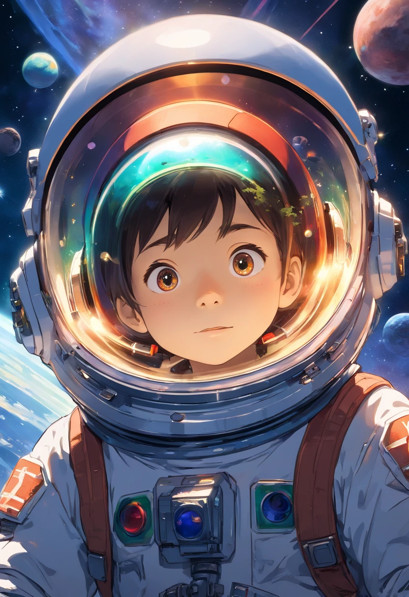 (best quality,4k,8k,highres,masterpiece:1.2),ultra-detailed,realistic:1.37,a boy in astronaut attire before,an advanced spacecraft,embarking on a grand space adventure,futuristic,huge interstellar vessel,sleek design,shiny metal surfaces,advanced propulsion systems,glowing thrusters,star-studded backdrop,vast cosmic landscape,majestic nebulae in the distance,beautifully illuminated by distant stars,detailed planetary surface,astronaut helmet reflecting the surrounding environment,boy's determined expression,lush greenery behind the spacecraft,a sense of excitement and anticipation,epic journey into the unknown,captivating sense of wonder,extraterrestrial exploration concept,otherworldly colors,space exploration at its finest