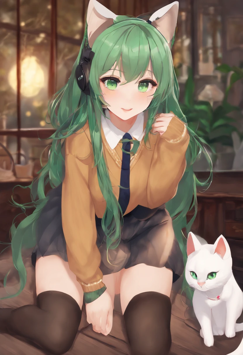 masterpiece, best quality, 1girl, ((looking at viewer)), green hair, green eyes, long hair, ahoge, sweater, sweater skirt, pantyhose, solo, sole, smile, cat ears, cat tail, fang, catgirl, animal ears