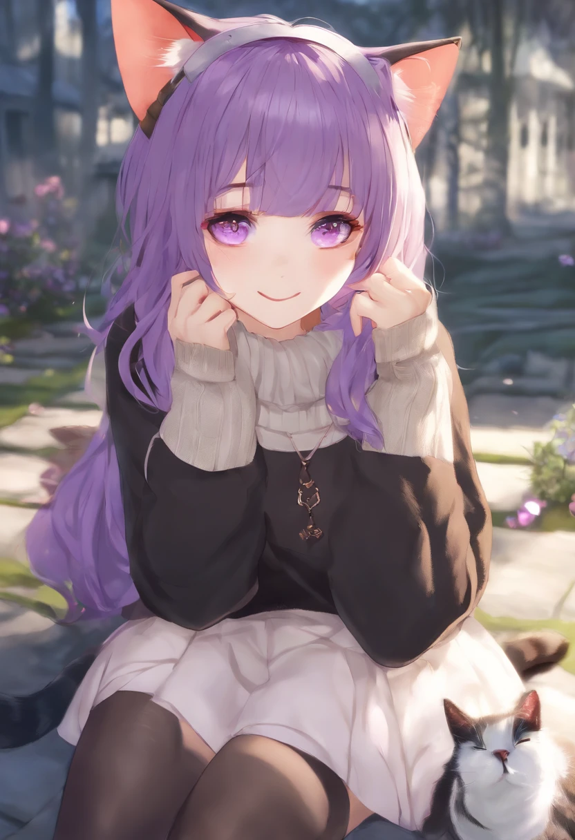 masterpiece, best quality, 1girl, ((looking at viewer)), violet hair, violet eyes, long hair, ahoge, sweater, sweater skirt, pantyhose, solo, sole, smile, cat ears, cat tail, fang, catgirl, animal ears