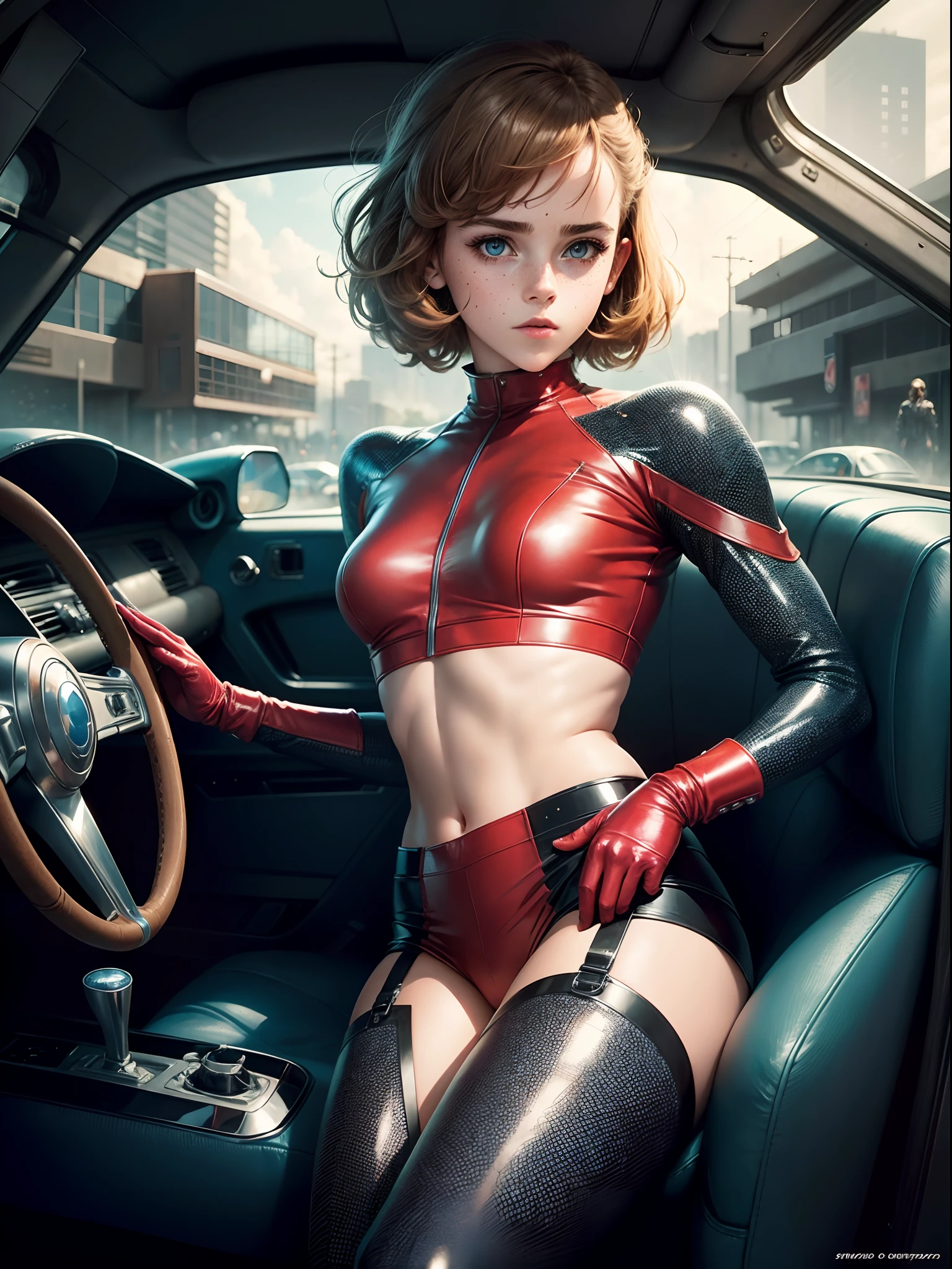 vintage manga sci-fi 80's. A beautiful emma watson inside her futuristic car. freckles, sparkly blue eyes. tight sparkly intricate red leather costume. texturized crop top.