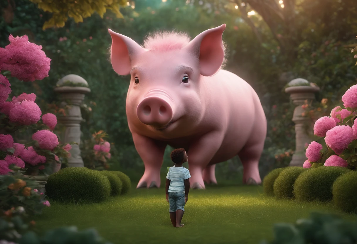 BLACK MALE AFRICAN 5 YEAR OLD SON IN A GARDEN WITH FLUFFY PINK PIG, NATURE, 8K, detailed matte painting, deep color, fantastical, intricate detail, splash screen, complementary colors, fantasy concept art, 8k resolution trending on Artstation Unreal Engine 5"