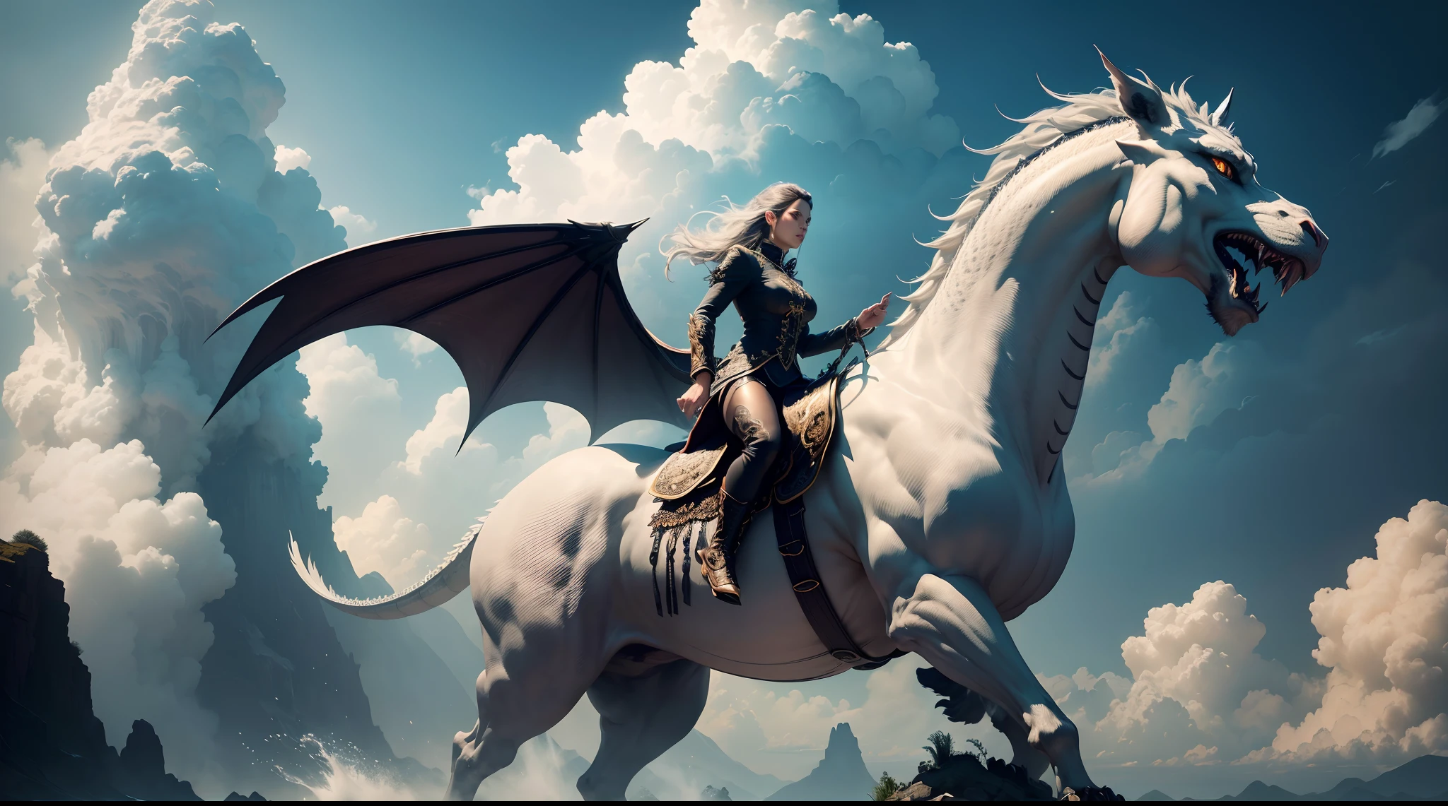 (The main subject: Wide-angle lens), (Best quality, A high resolution, Masterpiece:1.2), Ultra-detailed, (Realistic:1.37), (hdr), [（Silver Chinese dragon+majestic posture+flowing mane+sharp claws and fangs)+Dynamic and powerful wings）], (dramatic clouds), (skyscrapper),(Deep depth of field), (rich details​), (Contrast:1.1), (Captivating perspective), (Wide sky), (sense of vastness),(Energy and vitality), (Intricate details), (immersive experience), (Awe-inspiring),