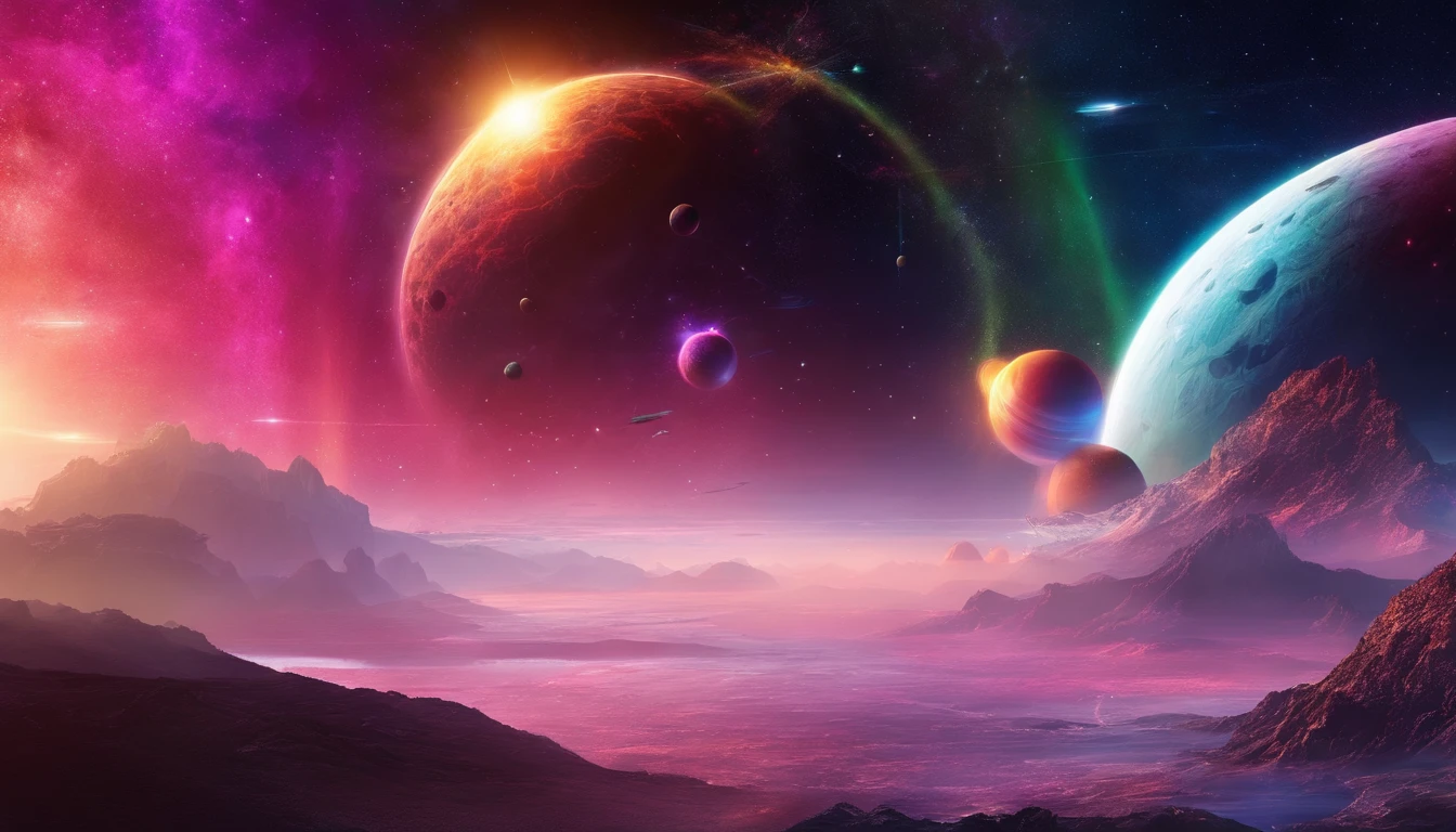 Fantastic landscapes of exotic planets, Planet with bright rainbow and rings in the sky