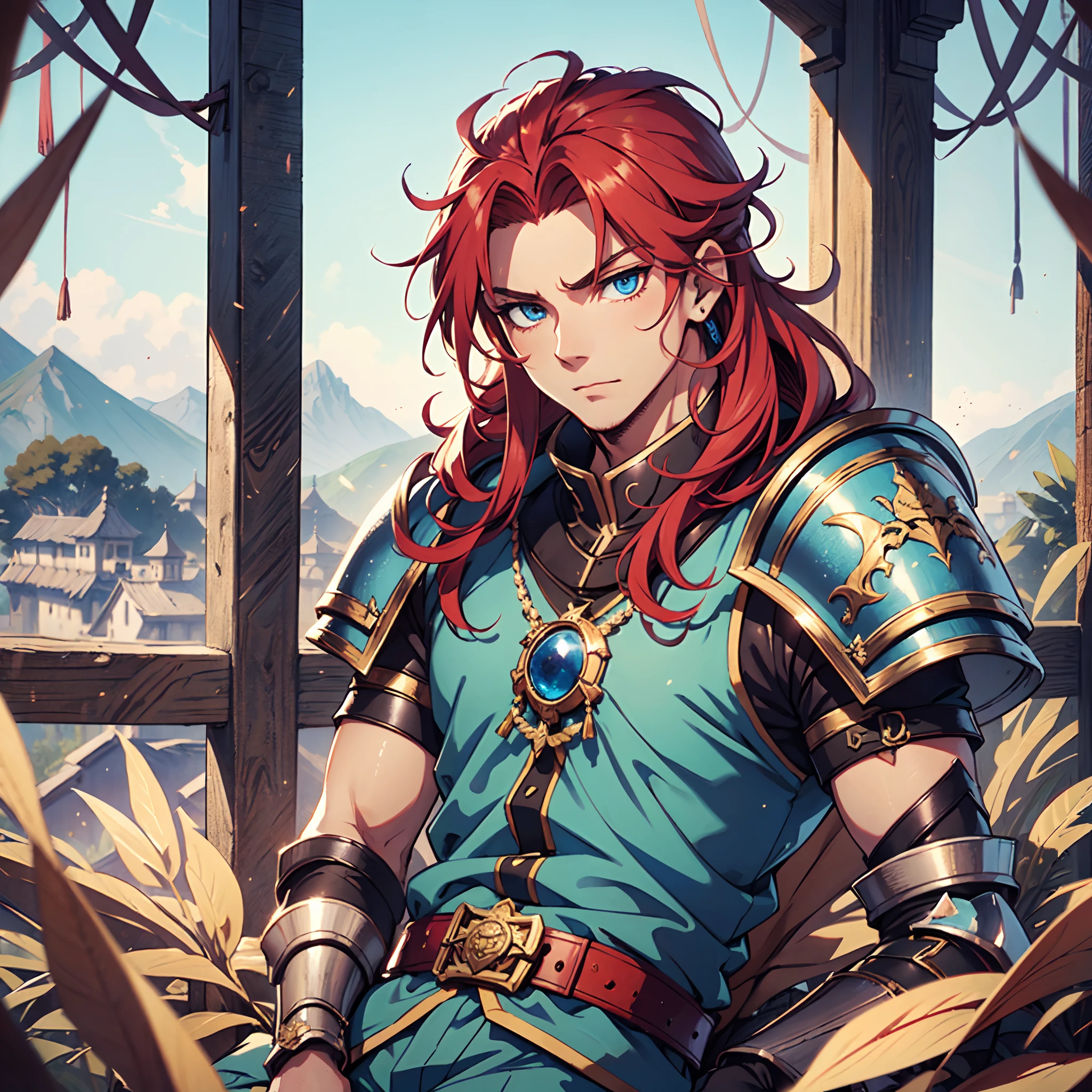 Ultra High Definition, Ultra High Quality, Extremely Detailed, Perfectly Detailed, Masterpiece, 8k, 1 Boy, Look A Like Xin From Kingdom Anime, Handsome, Equipped With Royal Knight Armor, Solid Light Blue Eyes, Long Red Hair, Body Shot, Ancient Kingdom Background