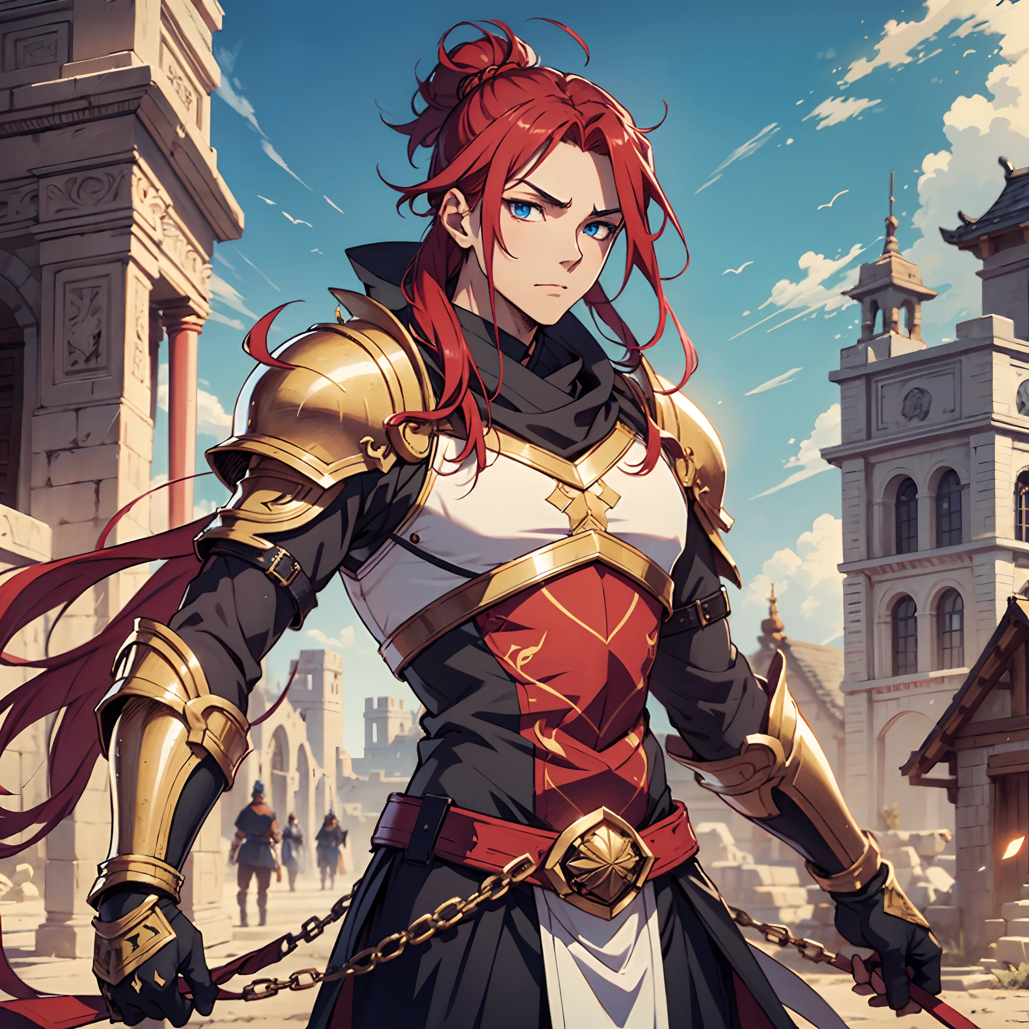 Ultra High Definition, Ultra High Quality, Extremely Detailed, Perfectly Detailed, Masterpiece, 8k, 1 Boy, Look A Like Xin From Kingdom Anime, Handsome, Equipped With Royal Knight Armor, Solid Light Blue Eyes, Long Red Hair, Body Shot, Ancient Kingdom Background