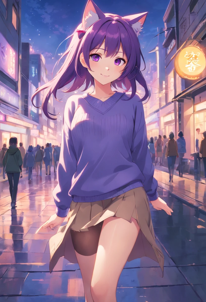 masterpiece, best quality, 1girl, ((looking at viewer)), violet hair, violet eyes, long hair, ahoge, sweater, sweater skirt, pantyhose, solo, sole, smile, cat ears, cat tail, fang, catgirl, animal ears