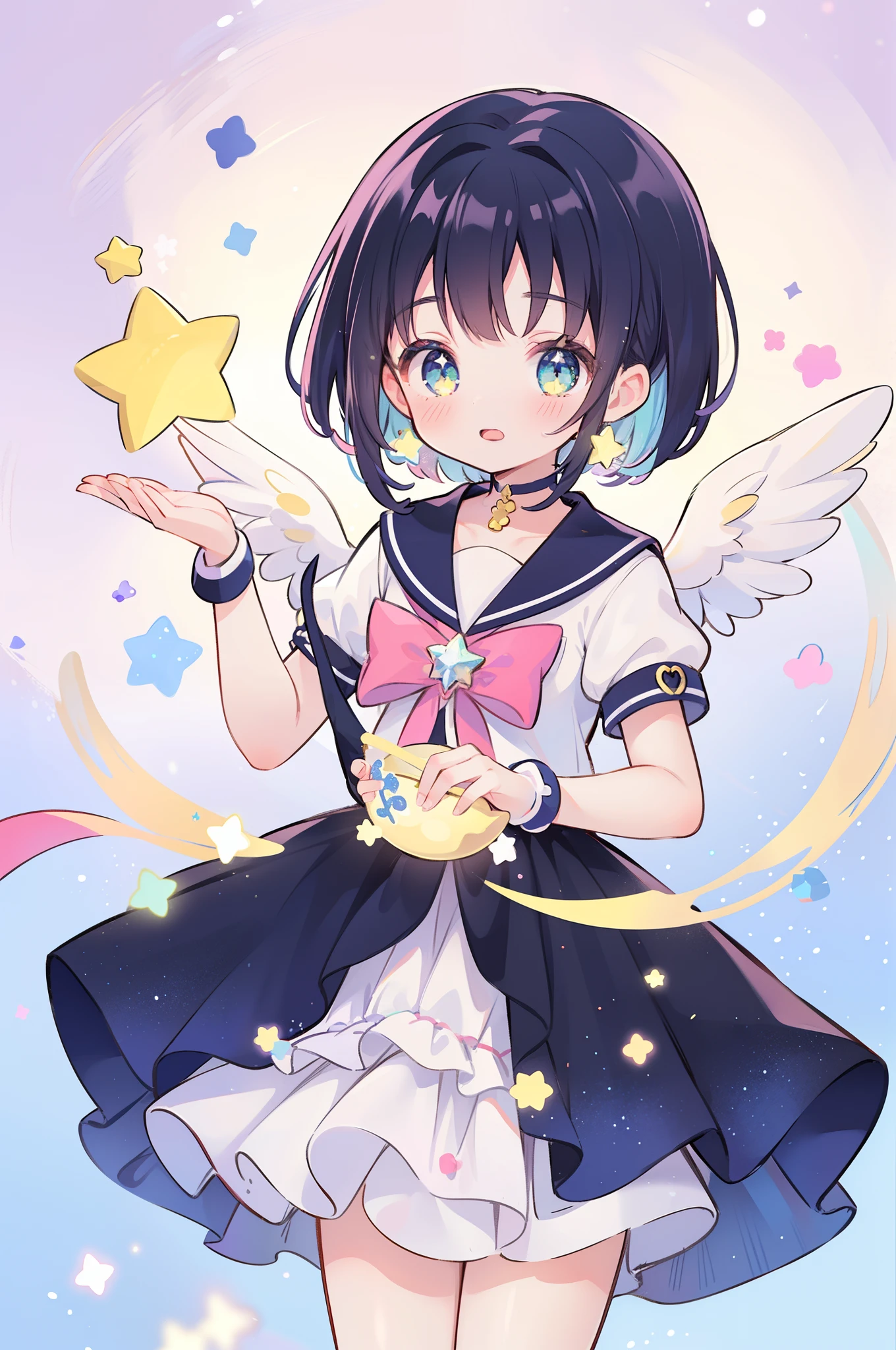 masterpiece, best quality, 1girl, ((magical girl holding a glowing star)), detailed ((colorful)) layered magical girl dress costume, pretty cure, star guardian, Cardcaptor sakura, puella magi madoka magica, sailor moon, colorful gems, crystals, sparkling, ((bright colors)), multicolor palette