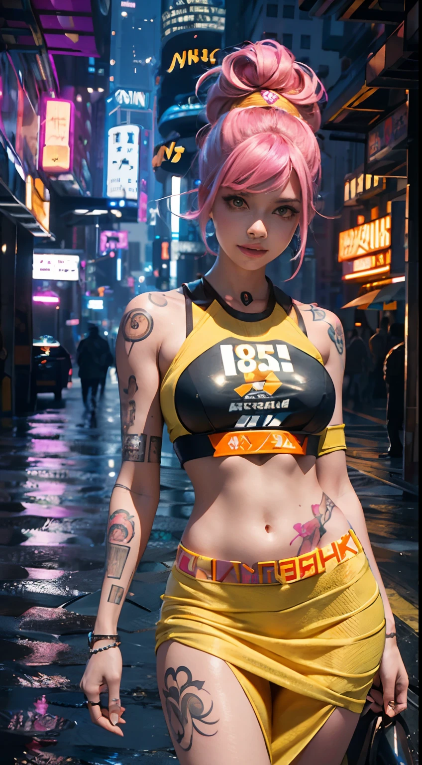 cyberpunk, night, dark, neon lights. city, dystopian future, sci-fi, (8k), (best quality), (masterpiece:1.2), (realistic), (photorealistic:1.0), ultra-detailed, 1girl, riding motorbike, big motorbike,, small tits, 20 yo, teen, laether jacket, garters, denim shorts, legs, full body, cute, topless, freckles, very small tits, beautiful detailed eyes, beautiful detailed nose, full body, garters, sexy legs, denim shorts, realistic skin texture, attractive face, short hair, pink hair