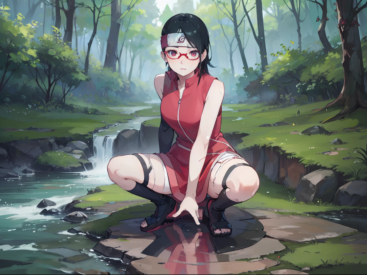 ((Sarada uchiha, armpit, naked, , forest, river))