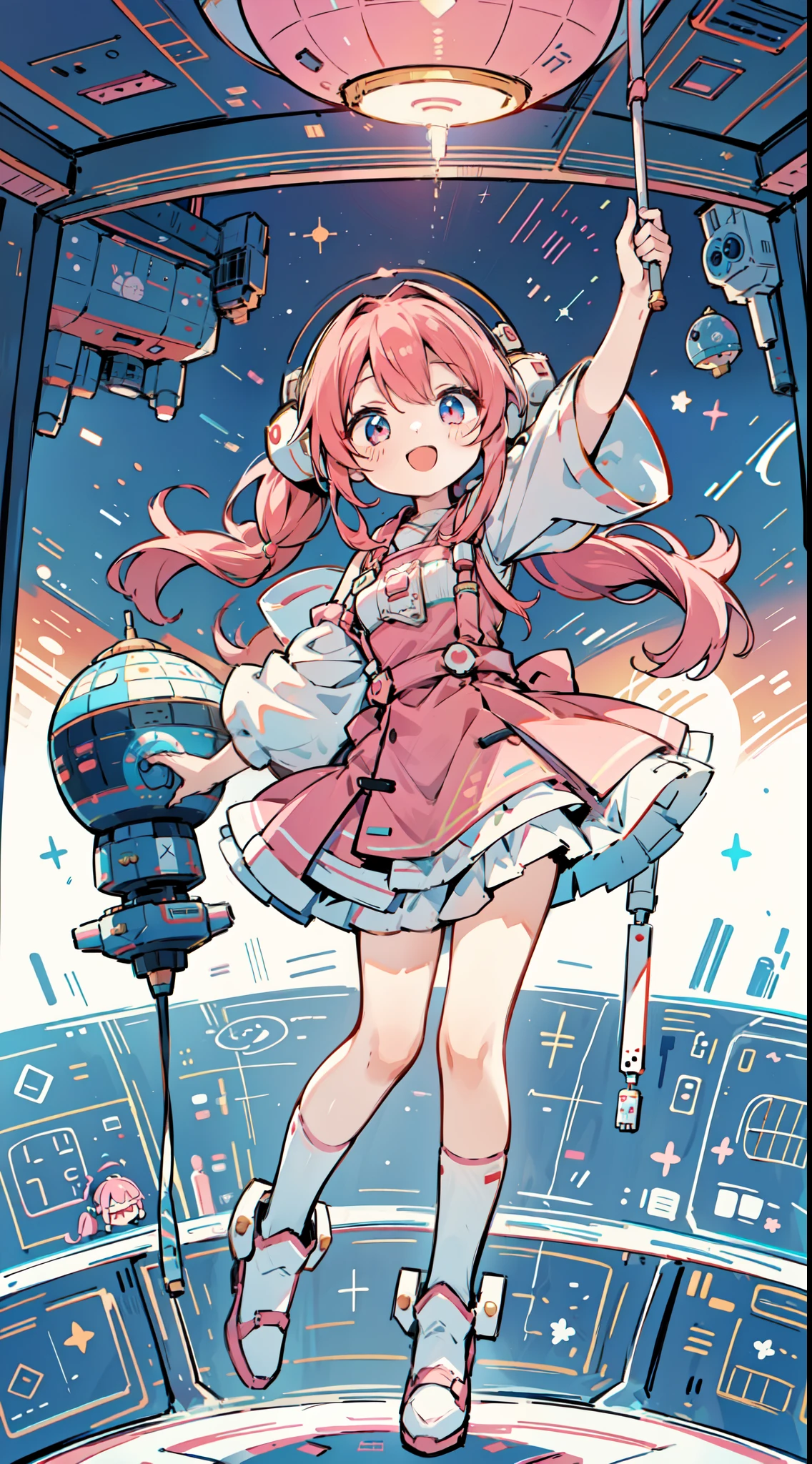 1 girl in、(full body Esbian)、Yumekawana idol lives in Sudesi on a spaceship、Yumekawa Idol、(((Idol of the future)))、Fluffy and cute、Pink overall、Futuristic space、Spacecraft Stage、livestream、Extend one hand to this、Cute Idol、A big smile、sings、holding the mic🎤、(((spaceship background)))、top-quality、masutepiece