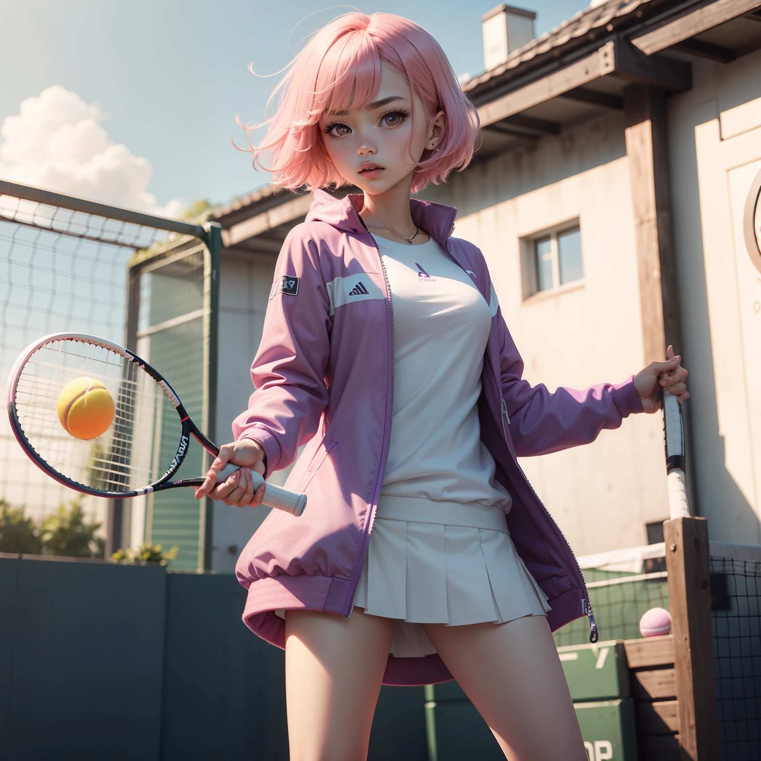 tennis coat,PH Momo, momohd, phmomo, Solo, 1girl in,  Pink hair, Purple eyes, Short hair, Hair Flower, Wear tennis wear, Big eyes, embarrassed,Holding a tennis racket in his right hand,
