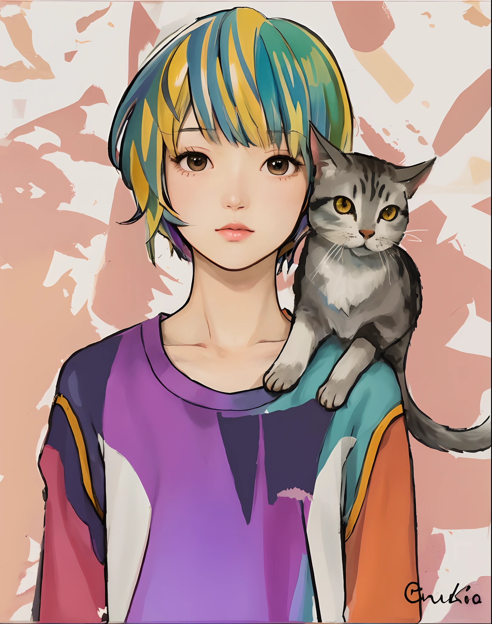 Girl looking at camera、Lots of details、Detailed drawing、illustratio、nffsw、milky skin、soft and tender skin、drawing、hightquality、hard disk、4K、blender render、octan render、真实感、illustratio、Drawing、nffsw、digitalart、beauitful face、Clear muscle、Symmetrical face、Proportional body、By Shinkai Makoto、full body Esbian、Full height、Thin skin、Komako Sakai、art illustration、handdraw、canvas、animesque、omit、thin lipss、Detailed hair strands、Strands of hair、Hair、Colorful hair color、highlight