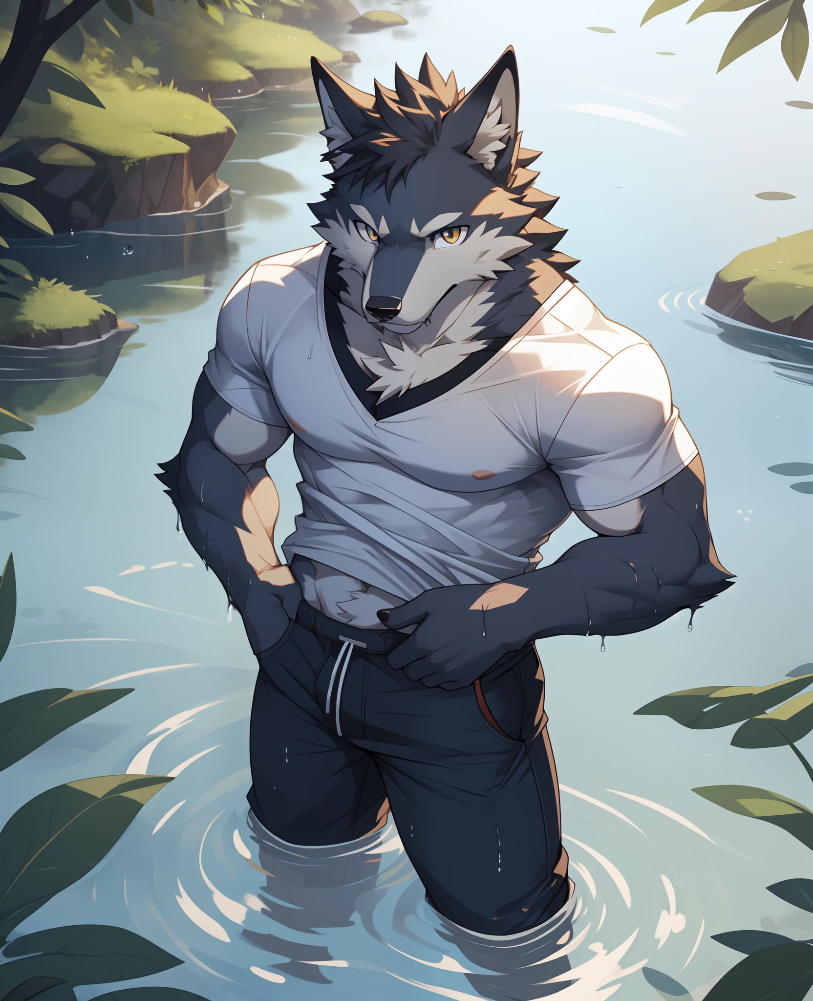 masterpiece, perfect anatomy, (bright eyes:1.2),
furry, male, wolf, solo focus, athletic, leg fur, (abs:0.8),
shirt, wet clothing, clothing lift, cropped pants, (wet fur:1.2), presenting, leaning, 
forest, partially submerged, 
bird's-eye view, water, lake, (waterdrop:0.8)