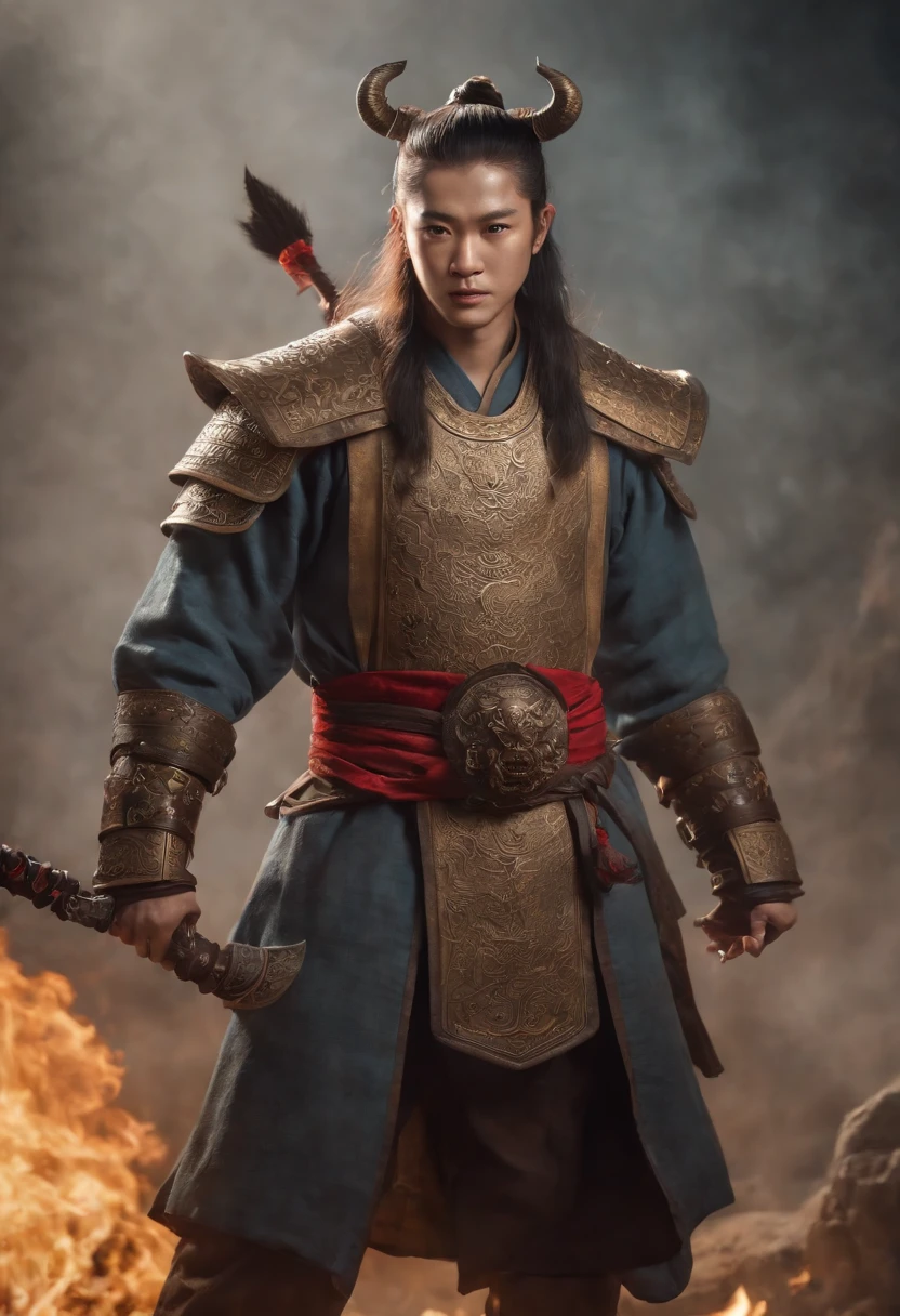 Candlelight in a medieval setting, super sharp focus, realistic lens, Medieval women's clothing, Four colors (Scar:1.4)，((best qualtiy, 8K, tmasterpiece:1.3)), Focus:1.2, perfect bodies，Highly detailed facial and skin texture, 詳細な目，Dark skin，,(Open-mouthed:1.3)，Official art under a blue sky, (Extremely detailed CG unified 8K wallpaper),Stand in the sky，Pure background， 1 man，(((face))），Young and handsome face，HD face， [:(The facial details are frightening:1.2):0.2]:full bodyesbian，standing on your feet，Slaughtered fangs, horror fantasy art, author：Alexi Bricklot, horror concept art,Angry King Ming，Be strong and brave，Canine teeth exposed，Hair stands on end，Eight arms，He had a trident in his hand, Respectively，The sword，pestle，the bow，arrow，hand seal，Each foot is stepped underneath，The silhouette of the body is on fire，Hot，Light, an ultrafine detailed painting, Realiy，photorealestic，professional photoshooting，tmasterpiece，超高分辨率，without a beard，nice hand，Good feet，Vajra Lux，King Ming，（Three-eyed god Yang Jian mythical character），（Three heads and six arms）（Yang Jian has three heads and six arms），Solo, Swarzenegger's muscles, Skirt made of tiger skin，Wear tiger fur，Tiger-like teeth，Zombie teeth，theelementoffire，The fire roared behind him，Hellfire，asura from chinese myth，firemage，by Yang J，holy fire spell art，com um rosto quadrado，oguchi，Strong muscles， (Photorealistic:1.4), (Masterpiece), (Best quality:1.2)，Light and shadow tracking，Super HD，theelementoffire，asura from chinese myth，by Yang J，holy fire spell art