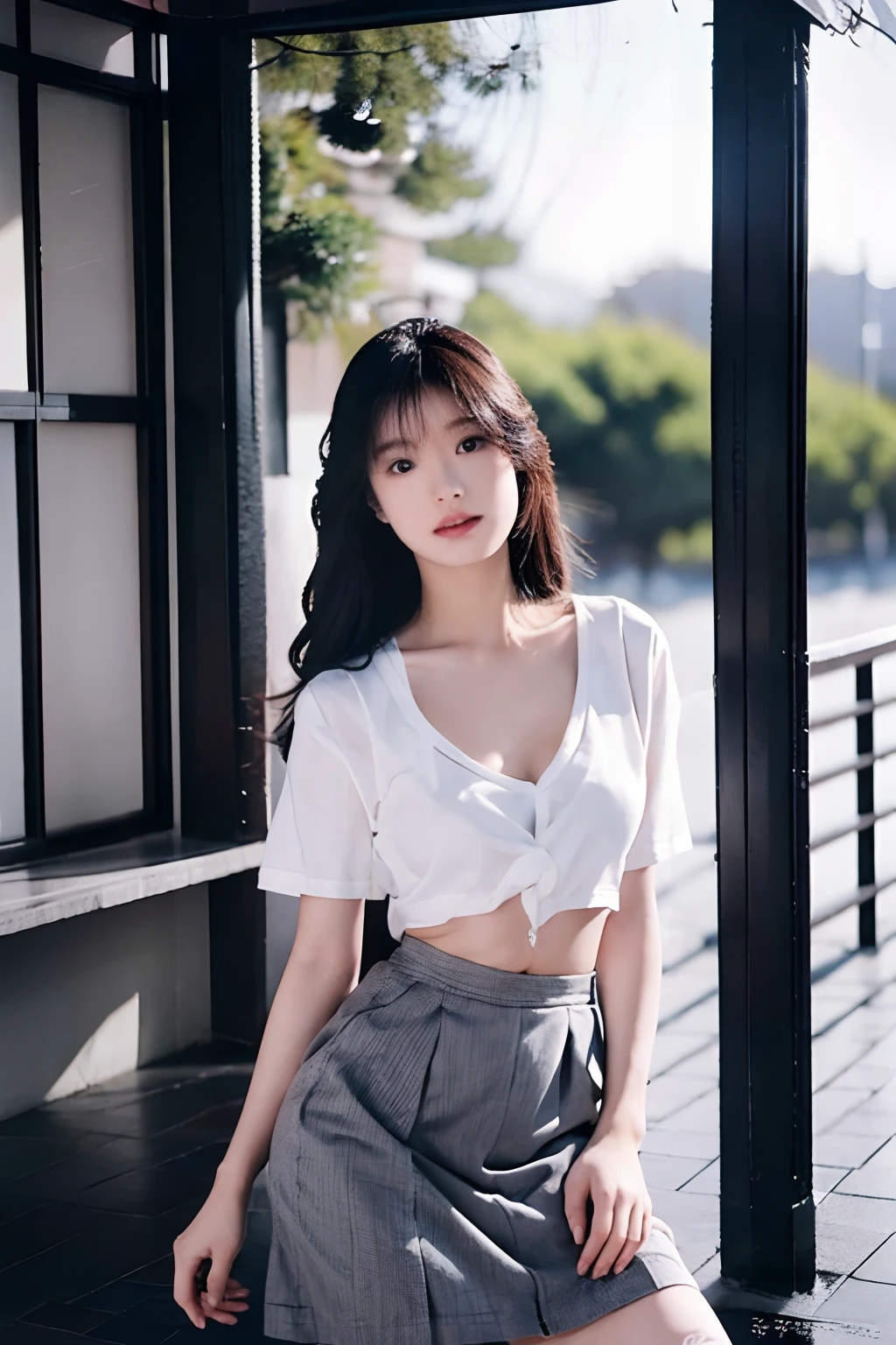 Asian woman in arafe in white top and gray skirt poses for photo, Beautiful Asian Girl, goddess of Japan, Asian Girl, Realistic Young Gravure Idol, 奈良美智, Japanese Models, Beautiful Asian Woman, Korean Girl, cleavage, Seductive Anime Girl, sophisticated gravure idol, charming anime girls, deayami kojima