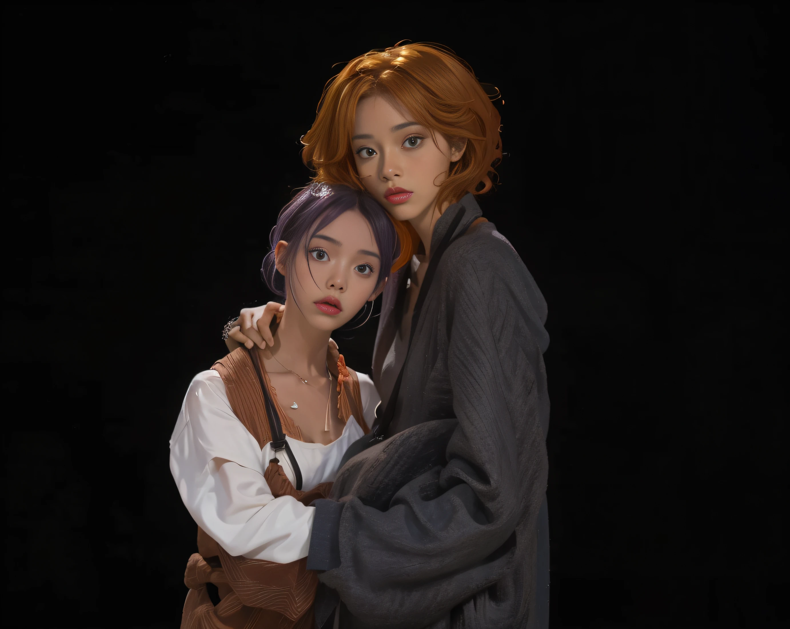 concept art, overhead angle of a Will-o'-the-wisp, wearing Funny Somali Emerald deep orange Pinafore, Caramel hair styled as Short hair, fluorescent purple Hair tie, equirectangular 360, Highres,  [(art by Willi Baumeister:1.1), (art by John T. Biggers:1.2)::17], official art, unity 8k wallpaper, ultra detailed, aesthetic, masterpiece, best quality, photorealistic