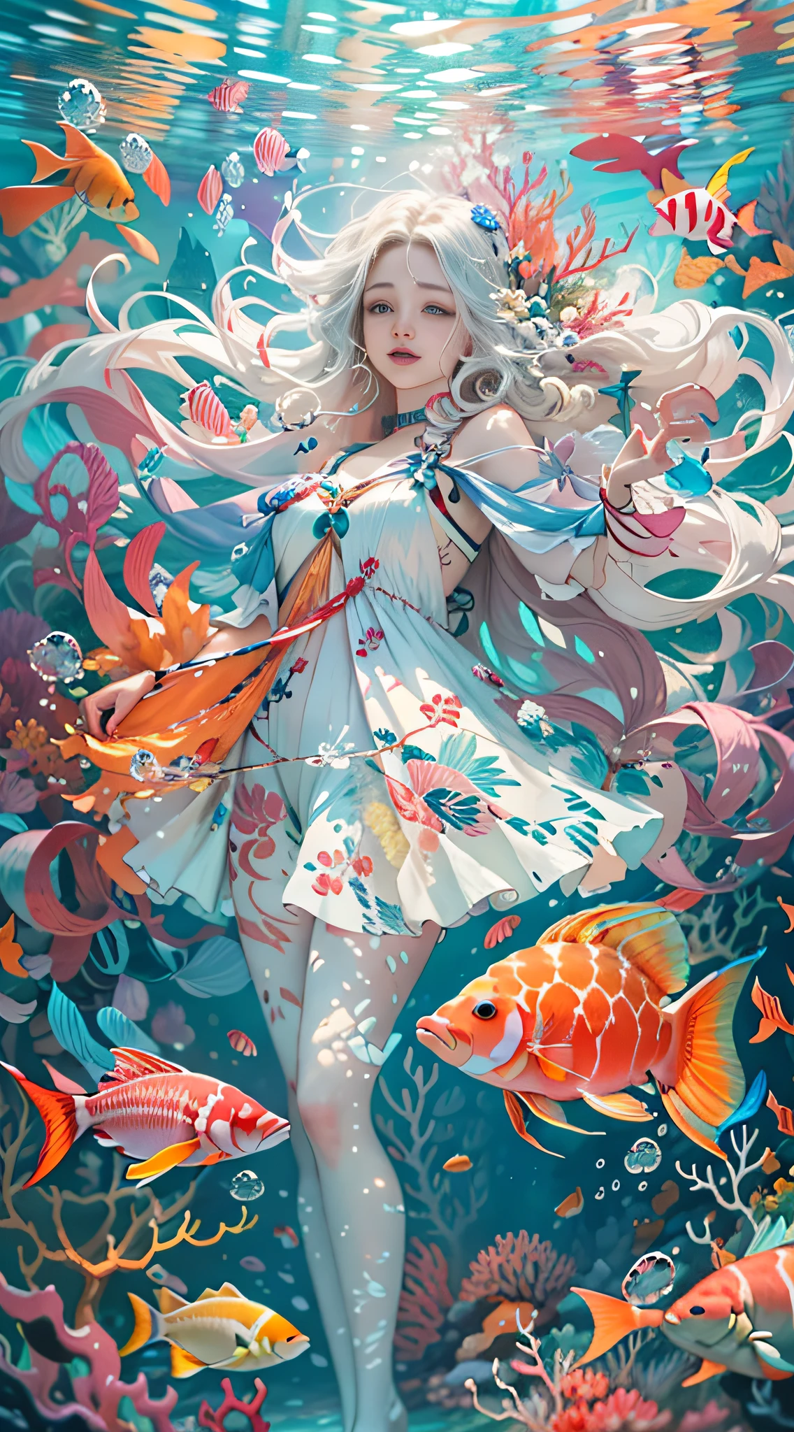 Conceptual art of marine life, Undersea landscape, Marine life，Beautiful coral reefs come in different shapes, 。.3D，, Fish, Female animated fantasy illustration. Long white hair scattered in the sea, Drift, Very harmonious. The whole painting adopts a messy and imaginative painting style. The colors are bright and saturated, line sleek. The mystery and beauty of the ocean, The painting depicts an underwater world full of life and vitality, Animated art wallpaper 8 K