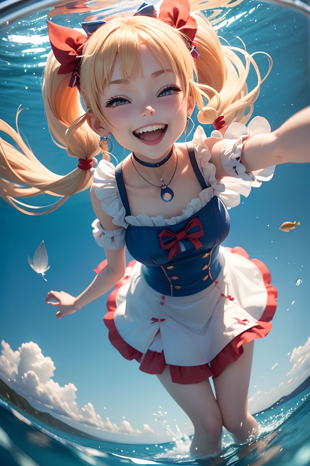 ((Rendering of cute 3D anime slender girl,Half moon evening background,Blue maid outfit with red earrings and blonde twin tails floating in the sea and smiling))、Blue eyes float,, Selfie wind, Angle from below,(((Shooting with a fisheye lens))),Angle from the front,Looking up at the sky, a closeup, summertime, 8K portrait rendering, Smooth Anime CG Art, Rin,((great laughter))