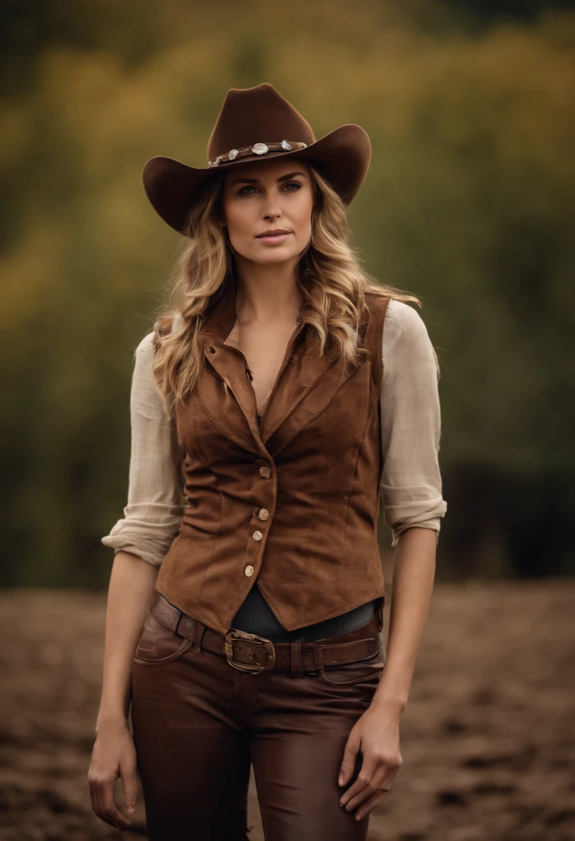Portrait of beautiful woman in muddy farm:1.2 , Cowboy Hat, Fringe vest , trouser, scarf , trust , medium breasts,