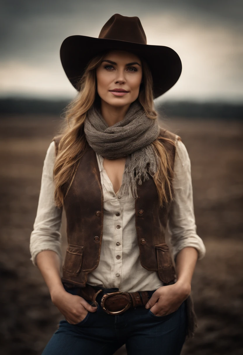 Portrait of beautiful woman in muddy farm:1.2 , Cowboy Hat, Fringe vest , trouser, scarf , trust , medium breasts⁩,