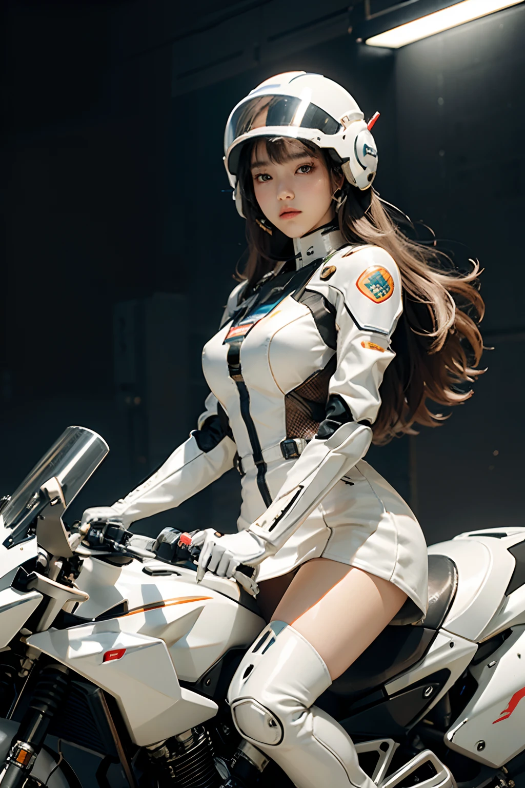 Highest image quality, outstanding details, ultra-high resolution, (fidelity: 1.4), the best illustration, favor details, highly condensed 1girl, with a delicate and beautiful face, dressed in black and white mecha, wearing a mecha helmet, holding a direction controller, riding on a motorcycle, the background is a high-tech lighting scene of the future city.