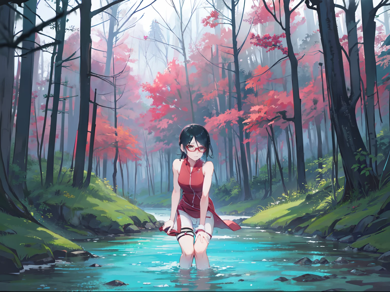Sarada uchiha, glasses, sleeveless dress,no pants , crouching position, pussy, ((forest, river, wet )), ((4k resolution, good quality, good anatomy))